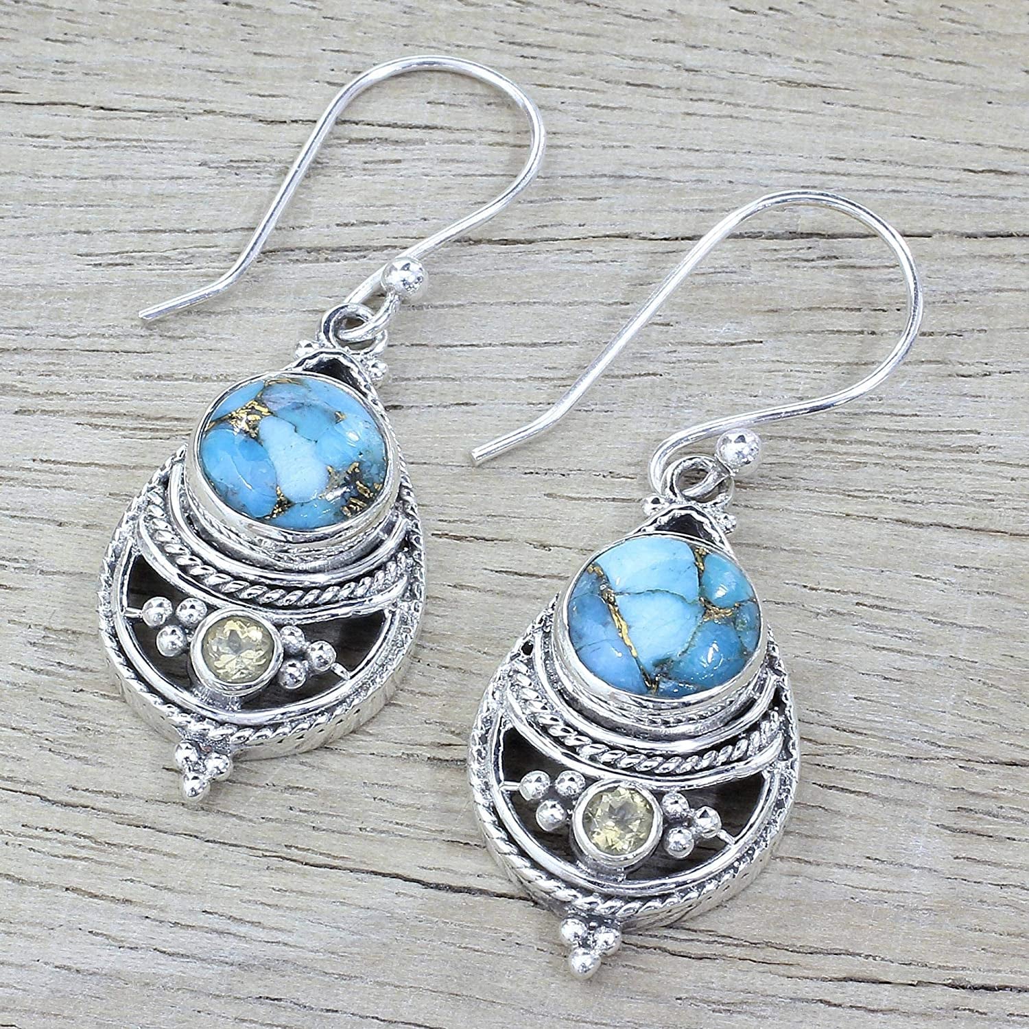 NOVICA Citrine and Composite Turquoise .925 Sterling Silver Dangle Earrings 'Blue Adoration' Apparel & Accessories > Jewelry > Earrings NOVICA