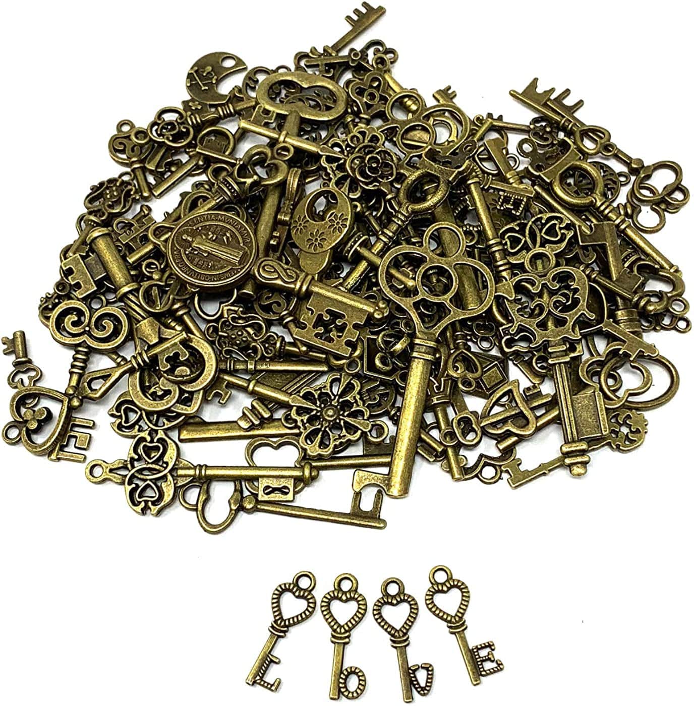125 PCS Vintage Skeleton Key Set Charms, Mixed Antique Style Bronze Brass Key Set Charms for Pendant DIY Jewelry Making Wedding Party Favors
