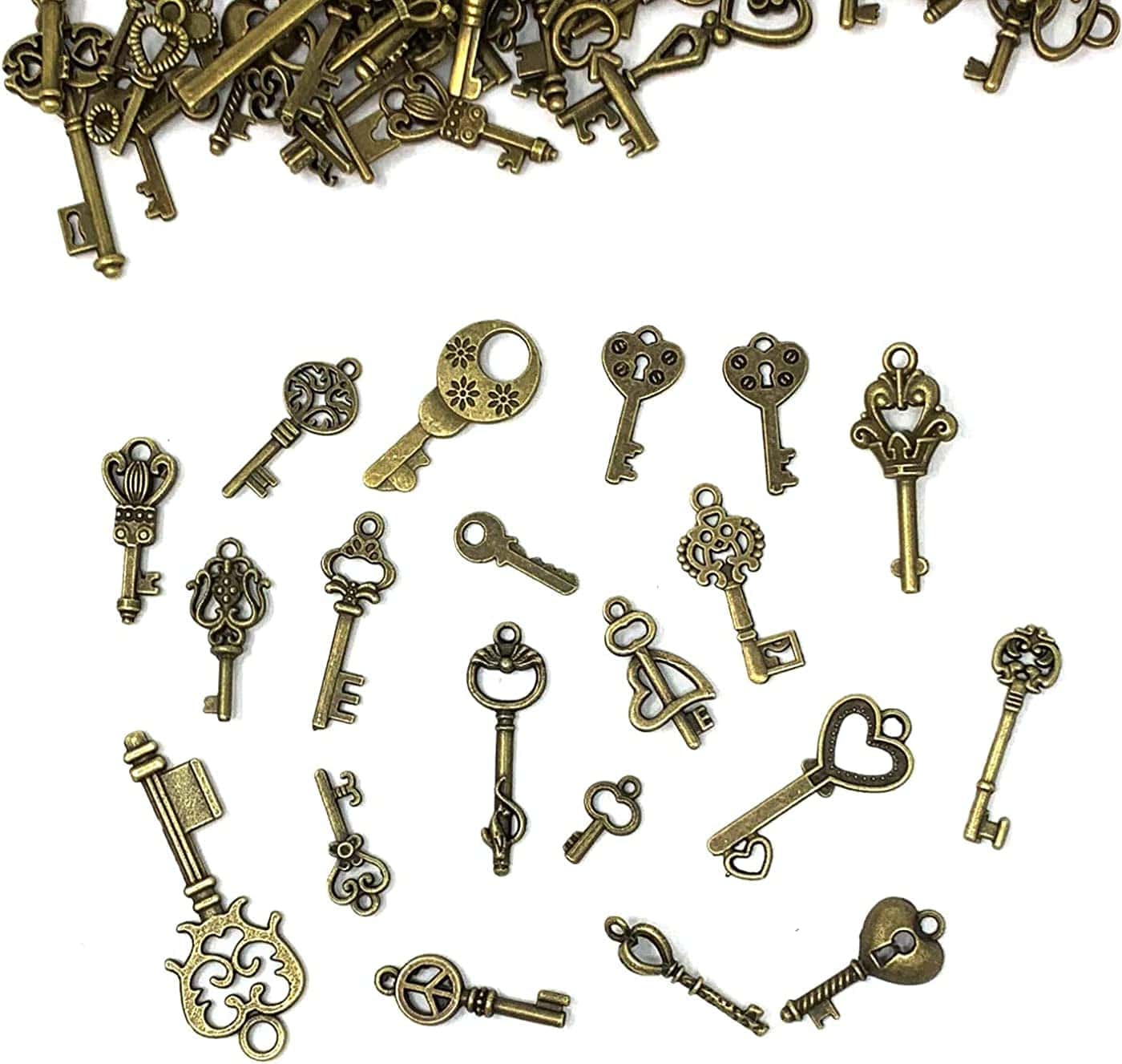 125 PCS Vintage Skeleton Key Set Charms, Mixed Antique Style Bronze Brass Key Set Charms for Pendant DIY Jewelry Making Wedding Party Favors
