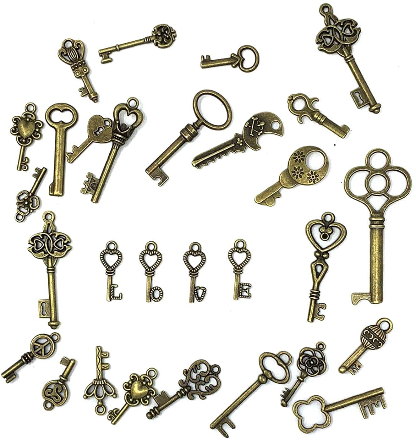 125 PCS Vintage Skeleton Key Set Charms, Mixed Antique Style Bronze Brass Key Set Charms for Pendant DIY Jewelry Making Wedding Party Favors