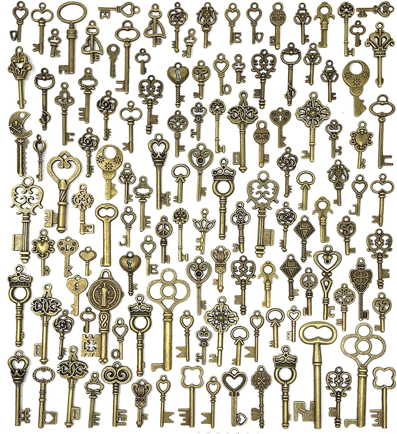 125 PCS Vintage Skeleton Key Set Charms, Mixed Antique Style Bronze Brass Key Set Charms for Pendant DIY Jewelry Making Wedding Party Favors