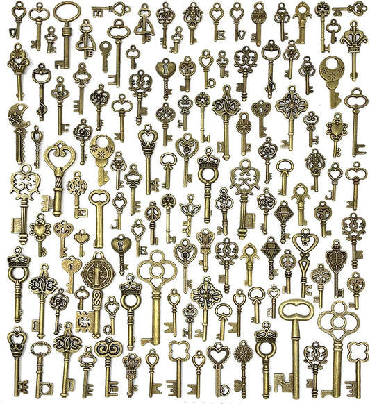 125 PCS Vintage Skeleton Key Set Charms, Mixed Antique Style Bronze Brass Key Set Charms for Pendant DIY Jewelry Making Wedding Party Favors
