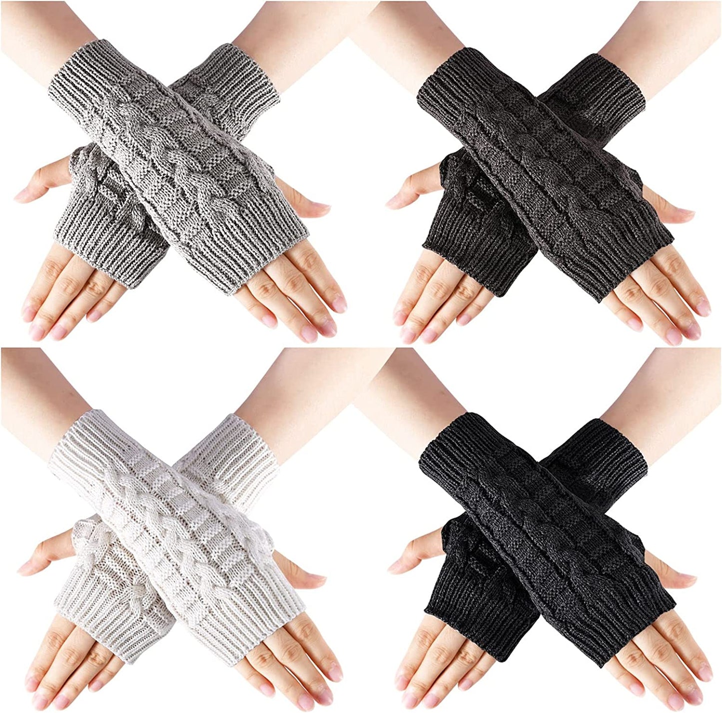 SOCKFUN Knit Fingerless Gloves for Women Hand Warmer Gloves, Thumbhole Warm Winter Fingerless Mittens for Women 4 Pairs Apparel & Accessories > Clothing Accessories > Gloves & Mittens sockfun Cable Black Grey White 4pack