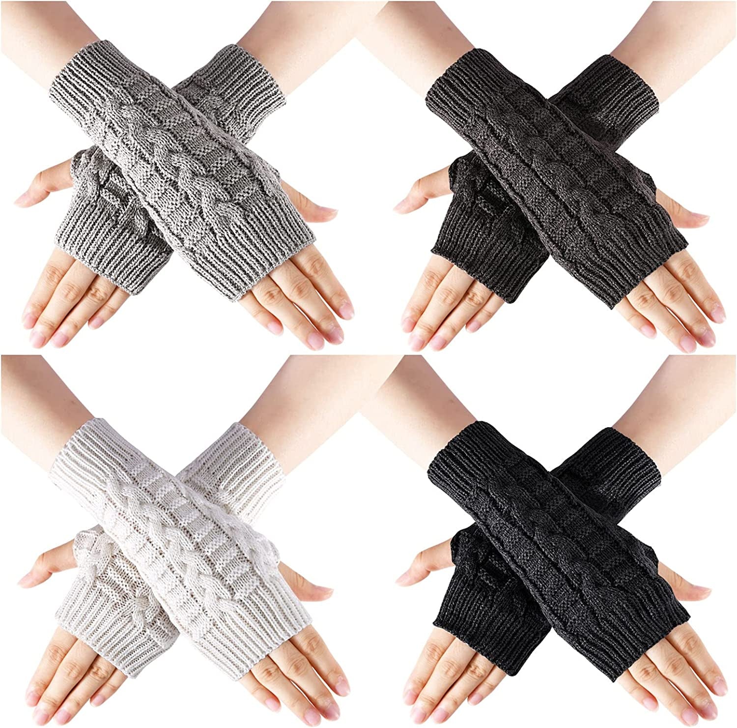SOCKFUN Knit Fingerless Gloves for Women Hand Warmer Gloves, Thumbhole Warm Winter Fingerless Mittens for Women 4 Pairs Apparel & Accessories > Clothing Accessories > Gloves & Mittens sockfun Cable Black Grey White 4pack