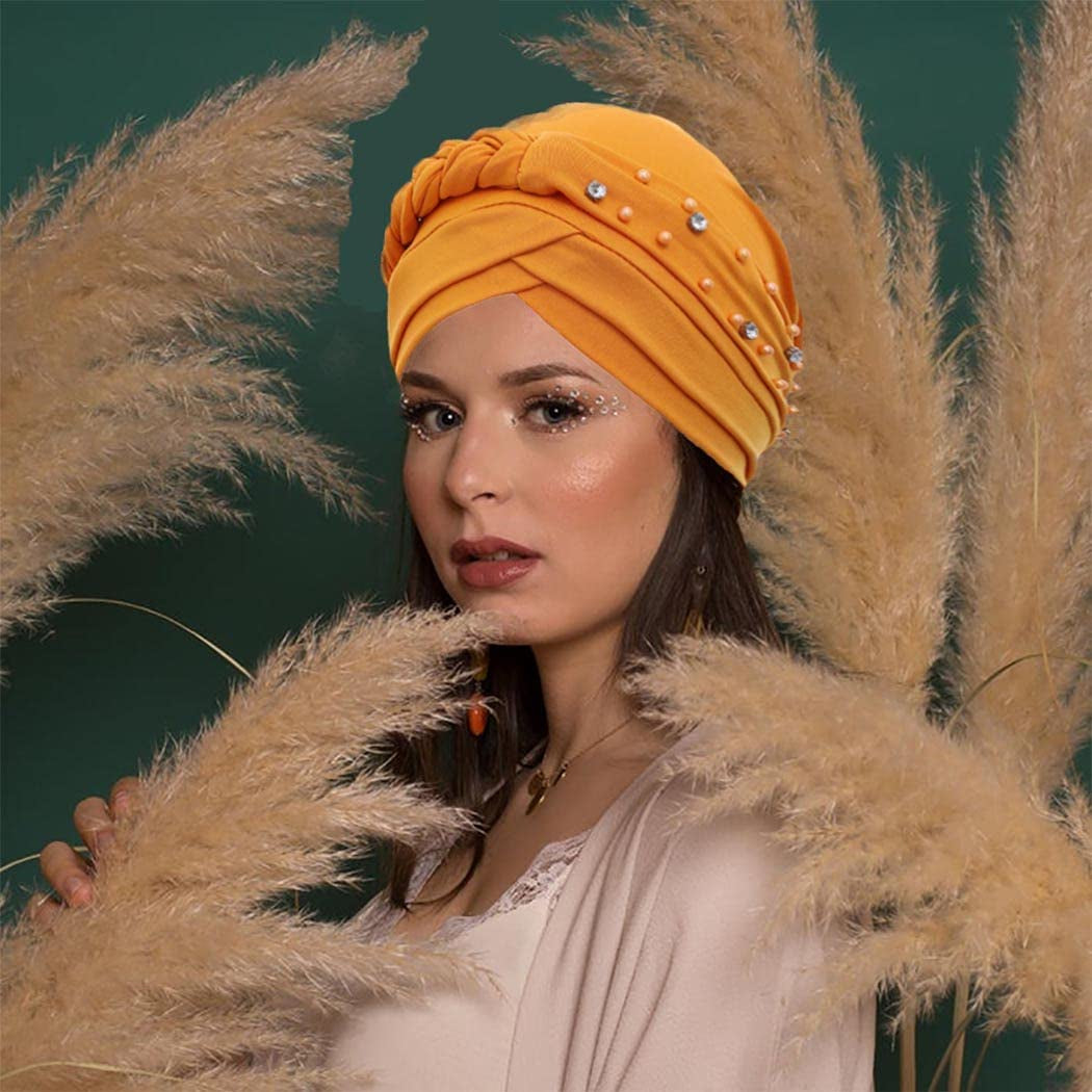 Woeoe Crystal African Head Wrap Yellow Elastic Turban Head Cover for Women and Girls Apparel & Accessories > Clothing Accessories > Headwear Woeoe
