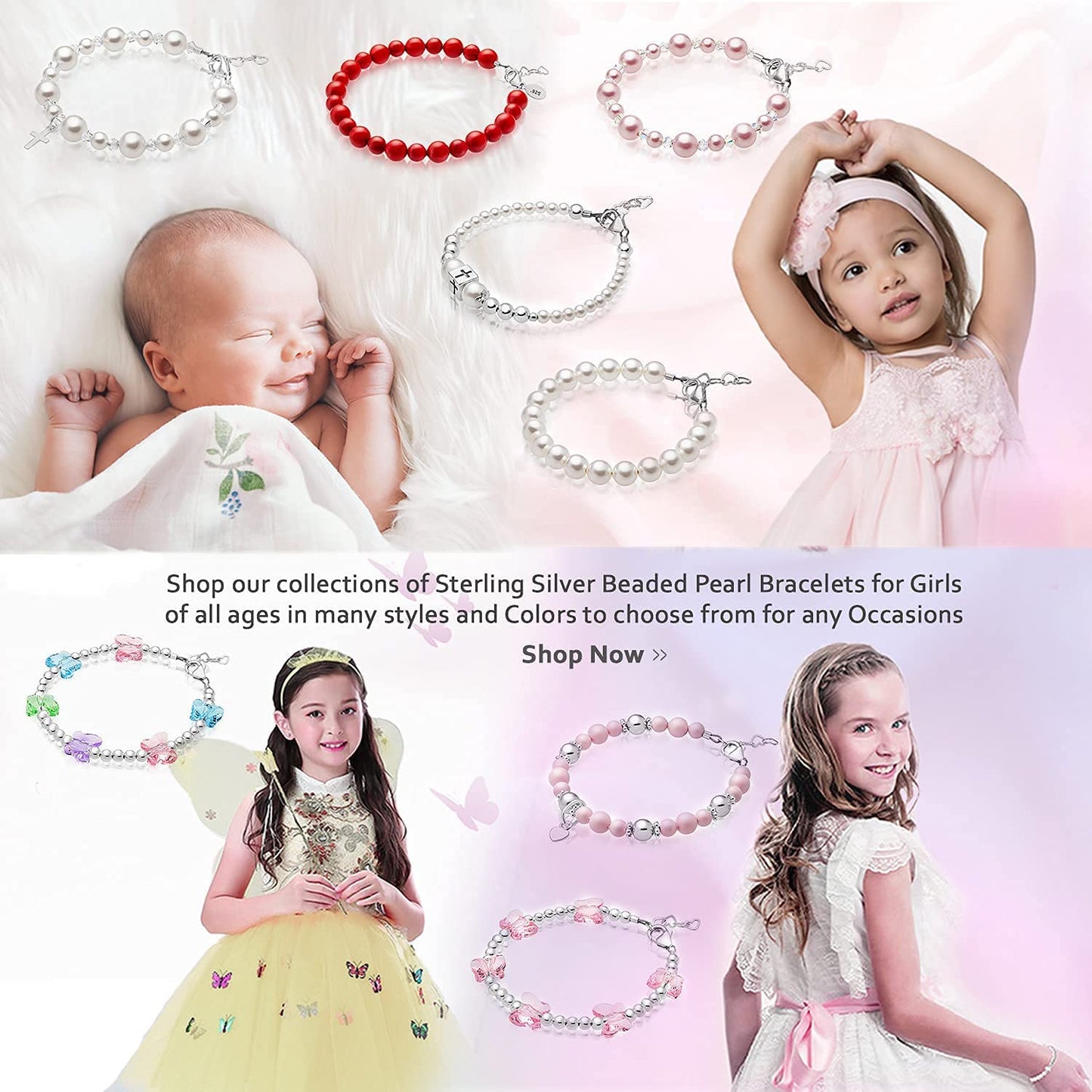 Baby Crystals Delicate Sterling Silver Bracelets for Girls with Rosaline European Simulated Pearls, Elegant Girls Jewelry, Pearl Bracelet for Birthday Gifts Flower Girls Apparel & Accessories > Jewelry > Bracelets Baby Crystals