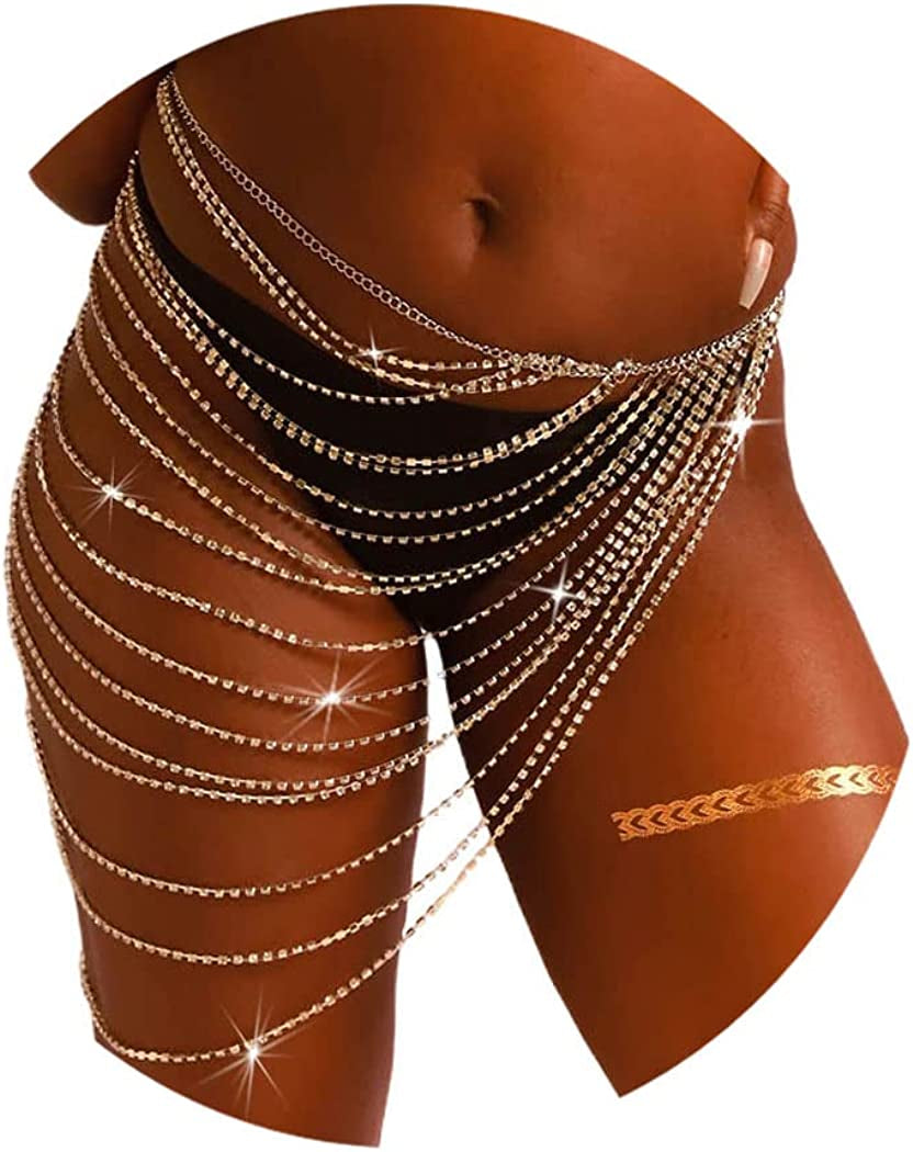 Rhinestone Layered Waist Chains Gold Sparkly Crystal Belly Body Chain Sexy Tassel Bikini Rave Festival Party Beach Clubwear Accessories Jewelry for Women and Girls Apparel & Accessories > Jewelry > Body Jewelry Generic