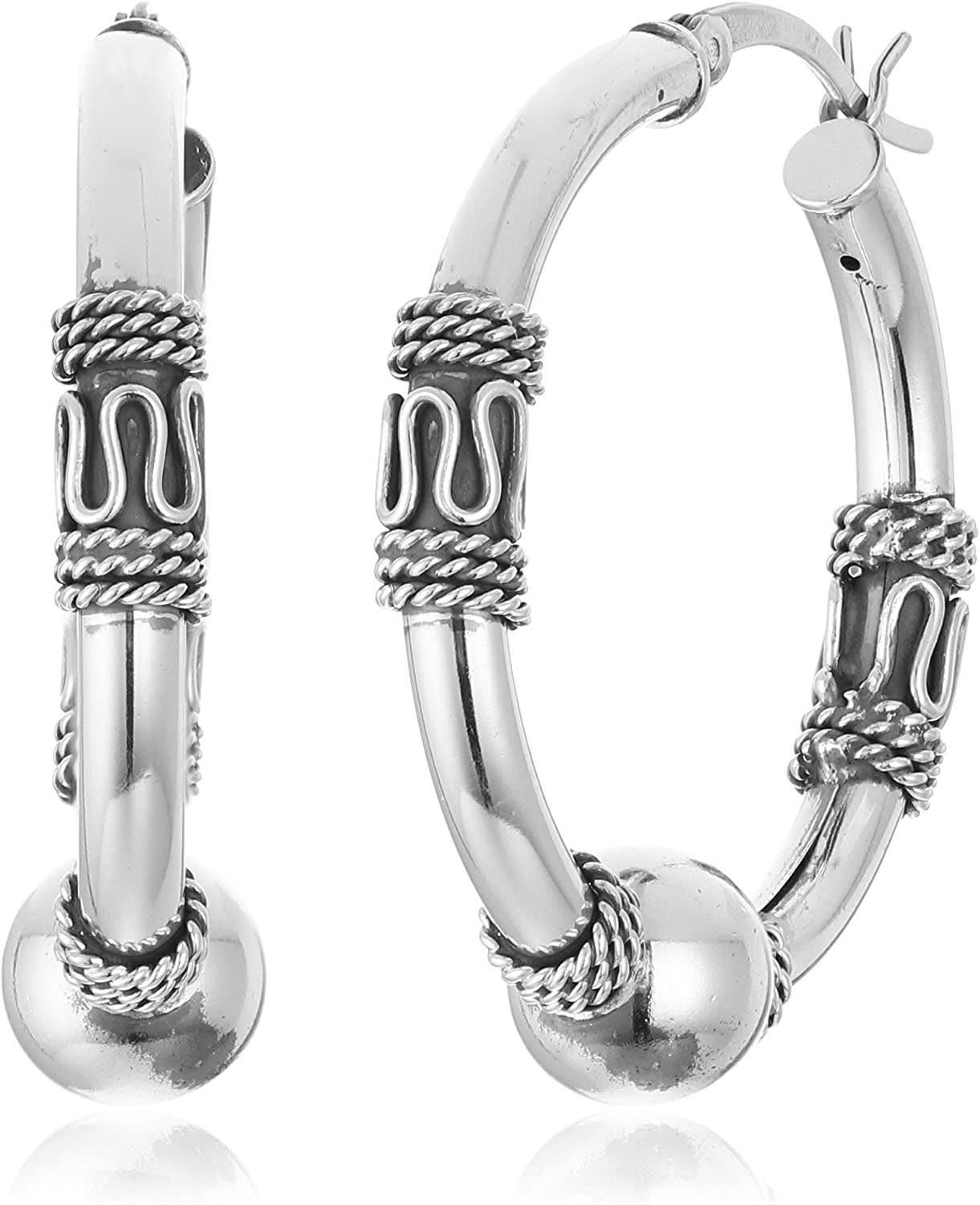 Collection 925 Sterling Silver 29Mm Balinese Beaded Hoop Earrings for Women Apparel & Accessories > Jewelry > Earrings Amazon Collection