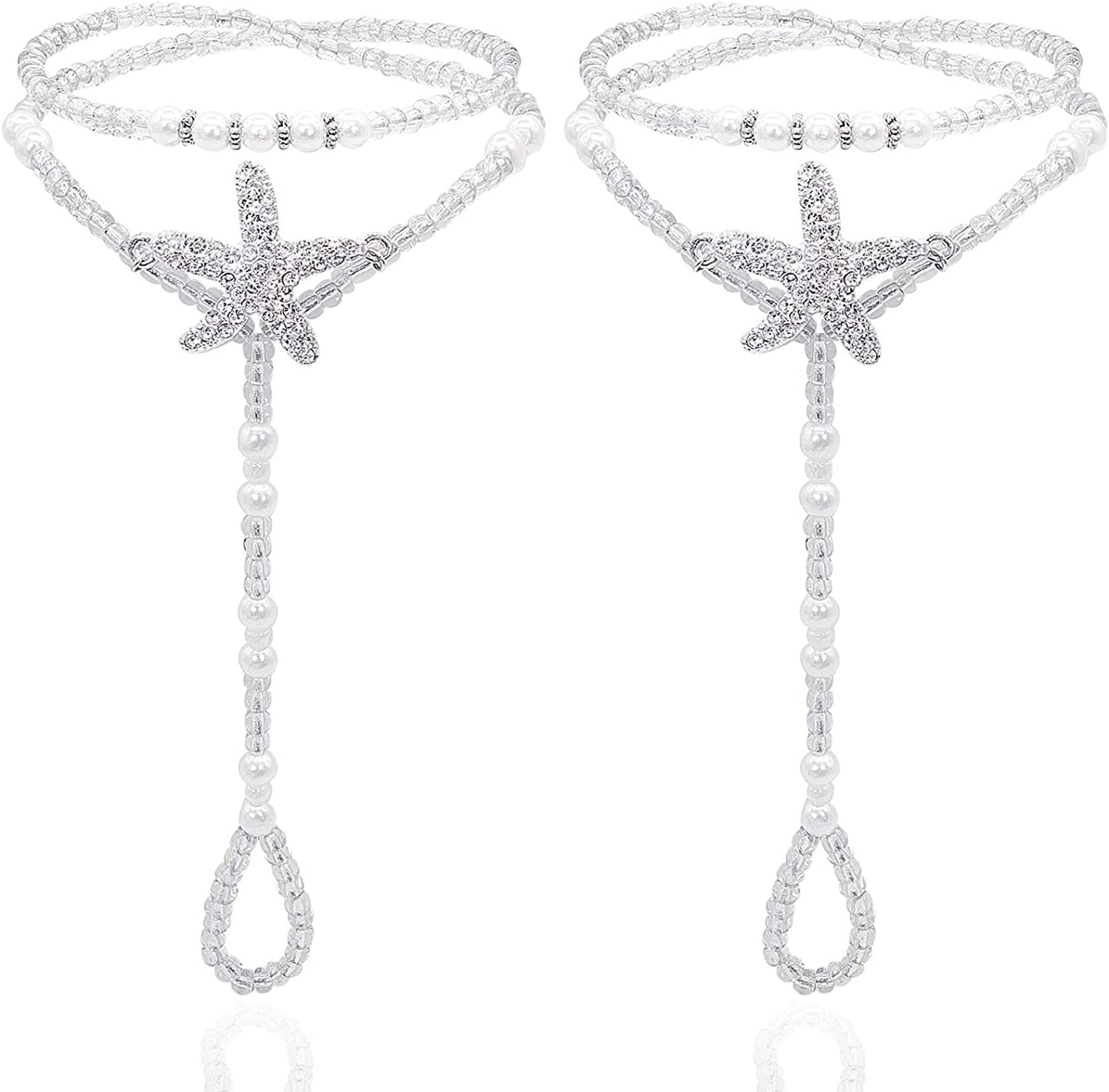 Bellady 2Pcs Pearl Ankle Chain Barefoot Sandals with Starfish Beach Wedding Foot Jewelry Apparel & Accessories > Jewelry > Anklets Bellady White