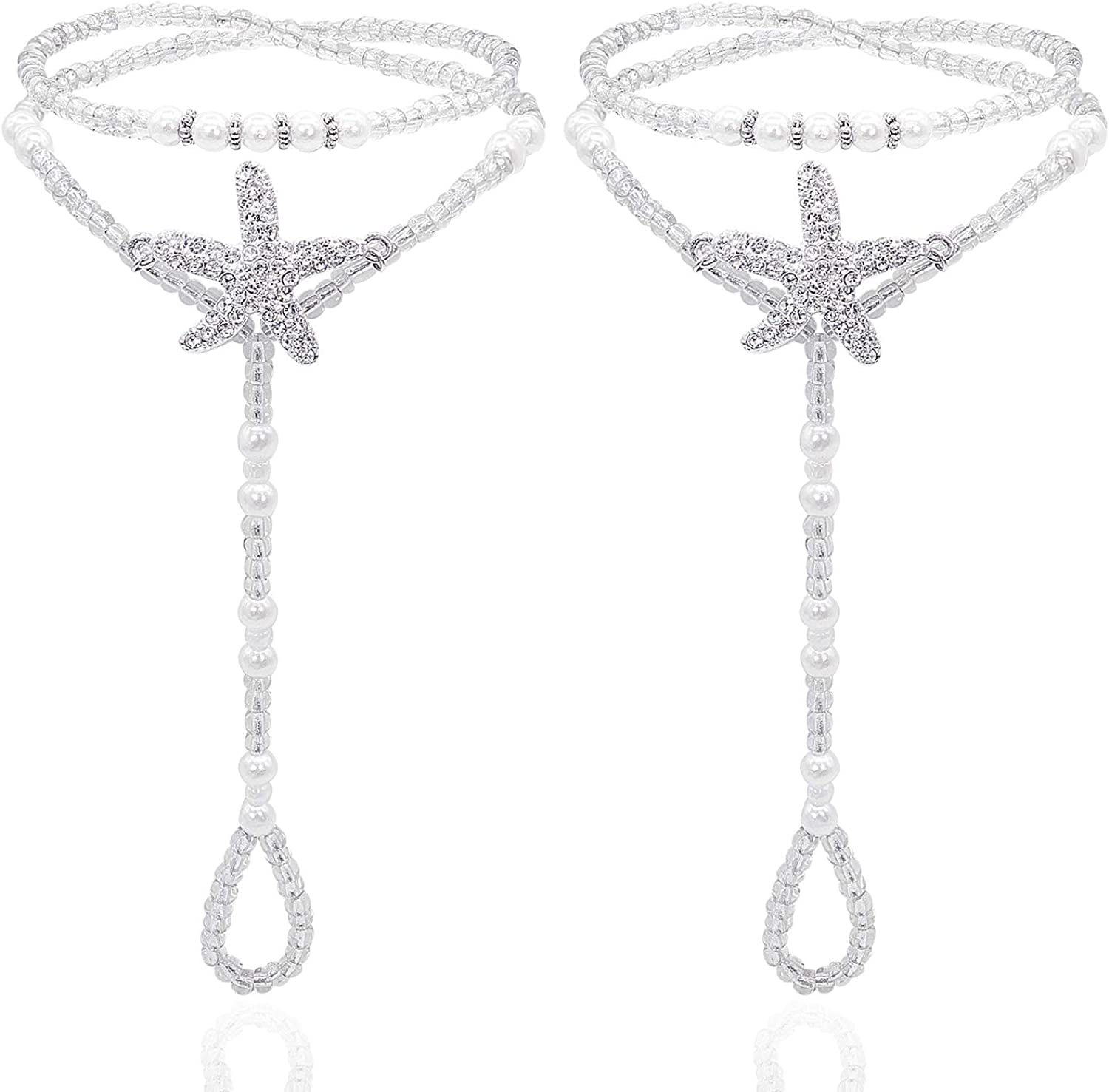 Bellady 2Pcs Pearl Ankle Chain Barefoot Sandals with Starfish Beach Wedding Foot Jewelry Apparel & Accessories > Jewelry > Anklets Bellady White