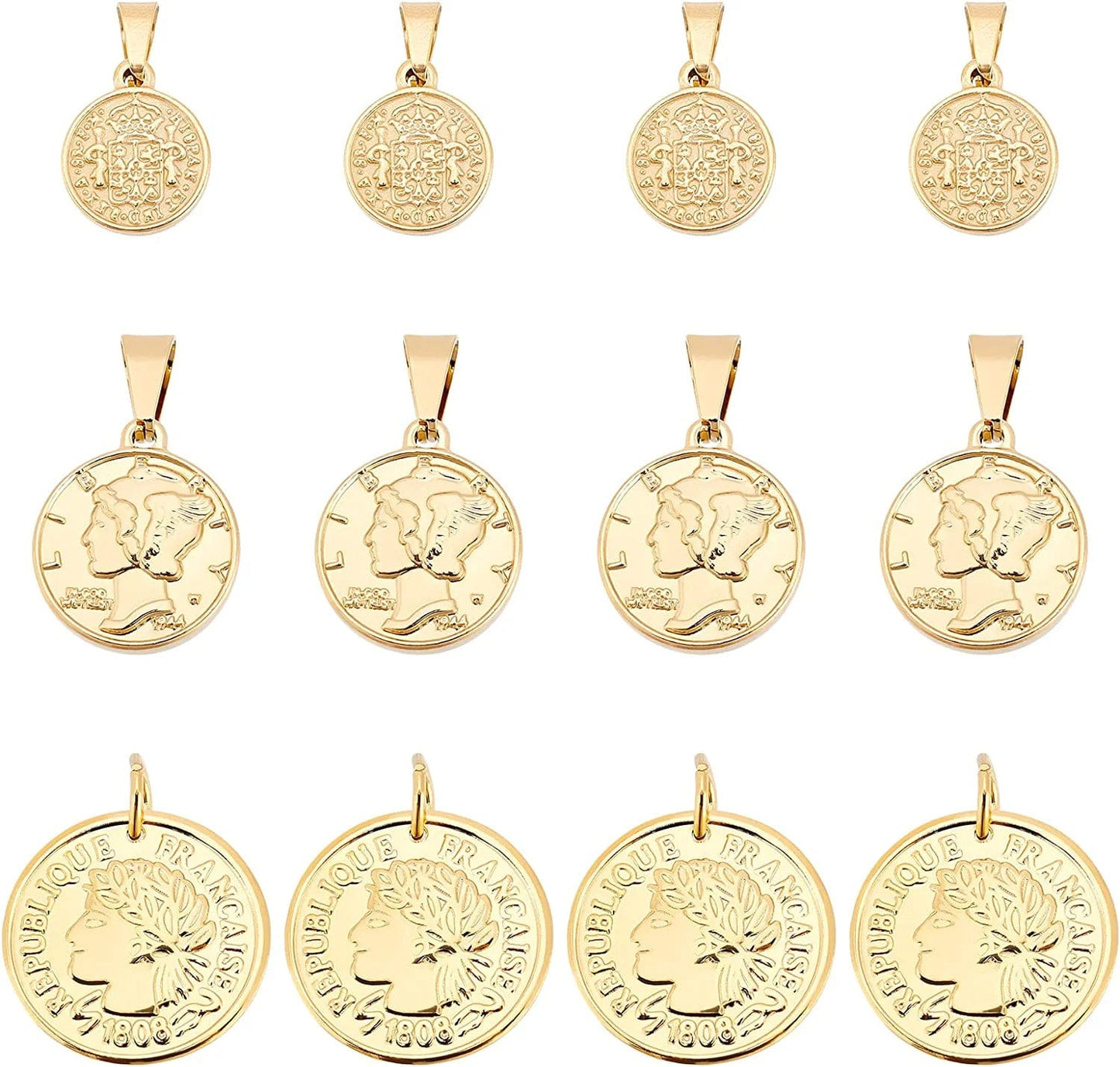 12Pcs 3 Colors Stainless Steel Flat round Coin Pendants Golden Republique Francaise 1808 Charms Large Hole Pendants for Necklace Bracelet Jewelry Making Golden-3 Styles-12pcs