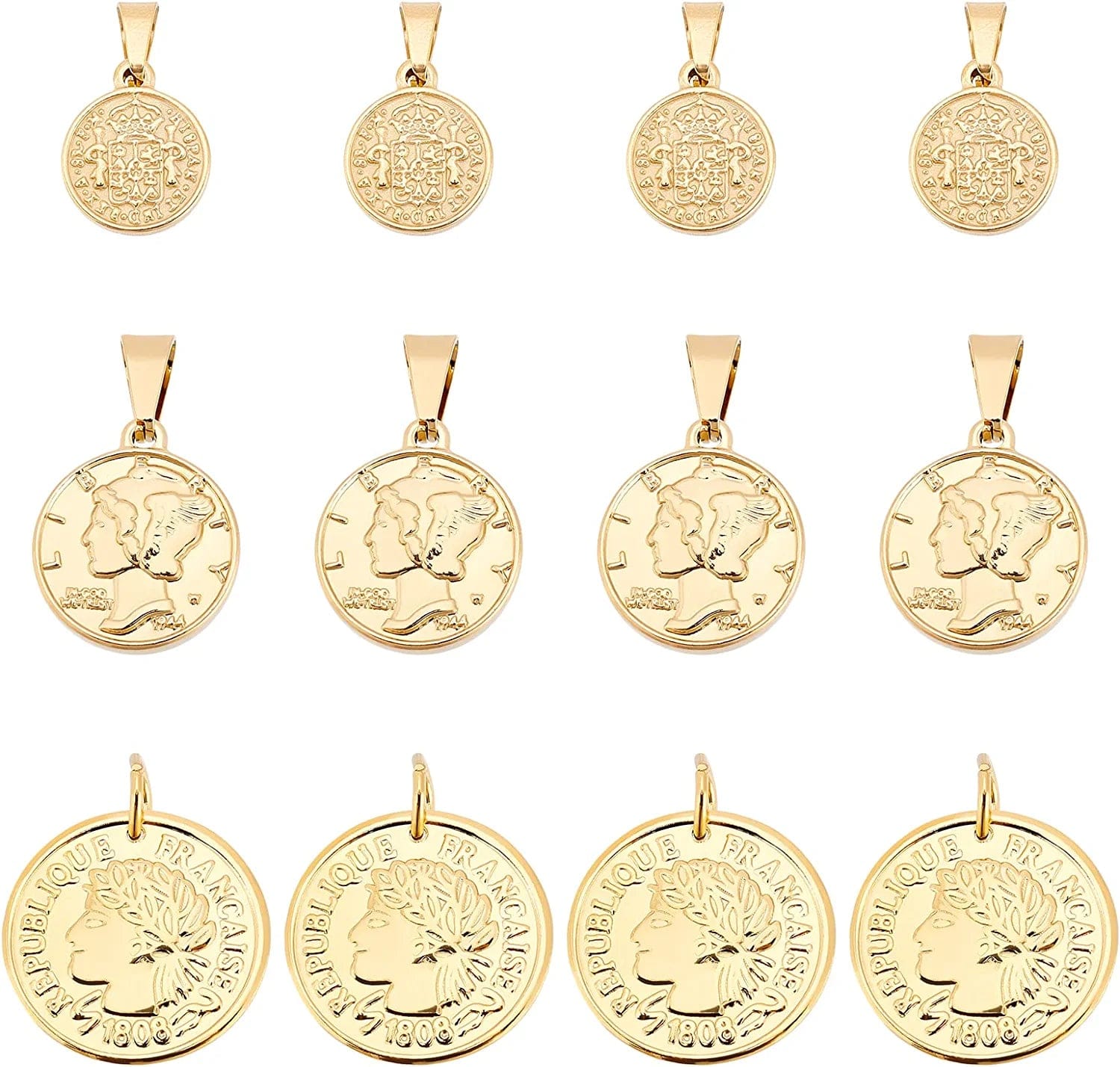 12Pcs 3 Colors Stainless Steel Flat round Coin Pendants Golden Republique Francaise 1808 Charms Large Hole Pendants for Necklace Bracelet Jewelry Making Golden-3 Styles-12pcs