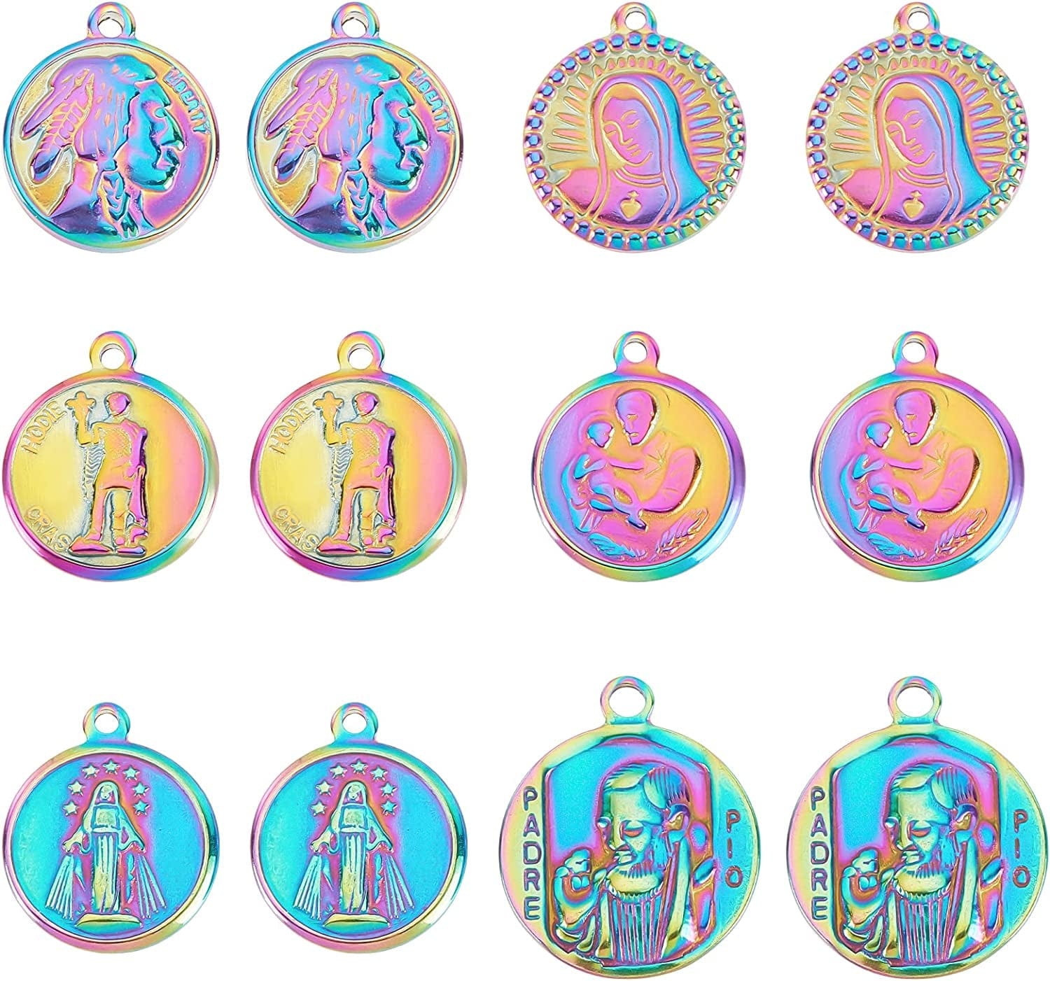 12Pcs 3 Colors Stainless Steel Flat round Coin Pendants Golden Republique Francaise 1808 Charms Large Hole Pendants for Necklace Bracelet Jewelry Making Rainbow Color-6 Styles-12pcs