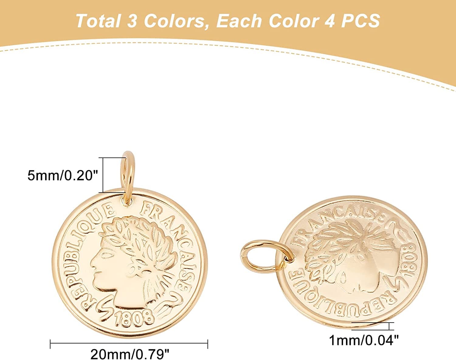 12Pcs 3 Colors Stainless Steel Flat round Coin Pendants Golden Republique Francaise 1808 Charms Large Hole Pendants for Necklace Bracelet Jewelry Making