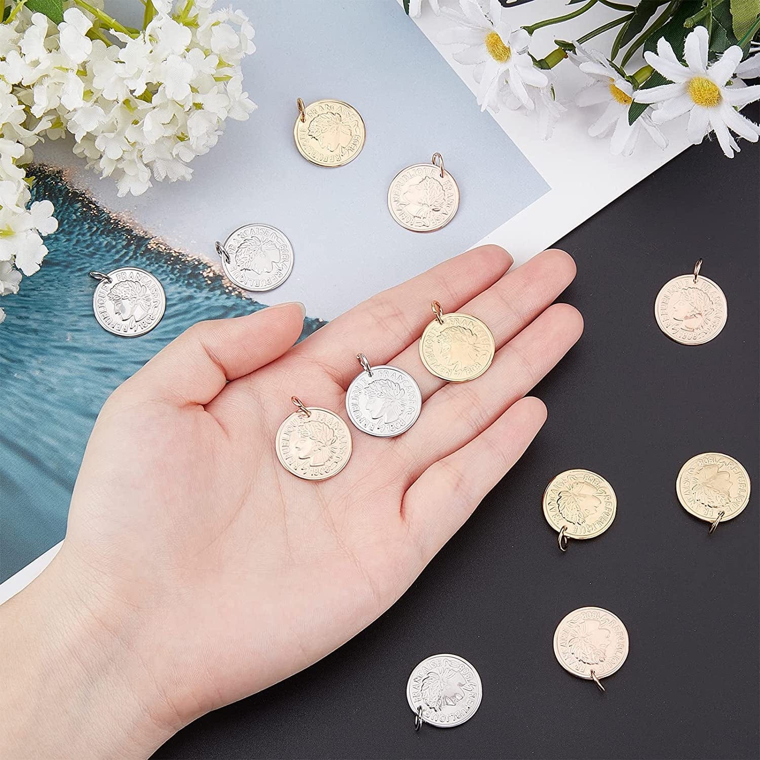 12Pcs 3 Colors Stainless Steel Flat round Coin Pendants Golden Republique Francaise 1808 Charms Large Hole Pendants for Necklace Bracelet Jewelry Making
