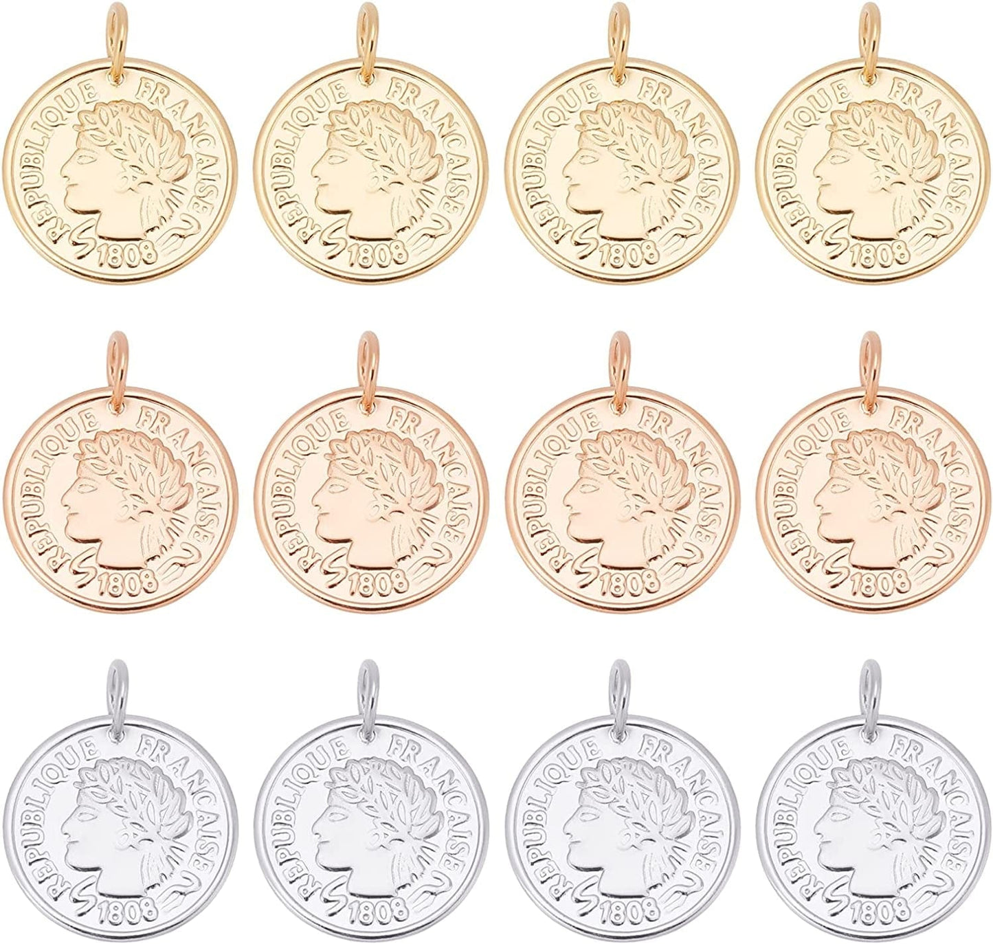 12Pcs 3 Colors Stainless Steel Flat round Coin Pendants Golden Republique Francaise 1808 Charms Large Hole Pendants for Necklace Bracelet Jewelry Making 3 Colors-goddess Statue-12pcs