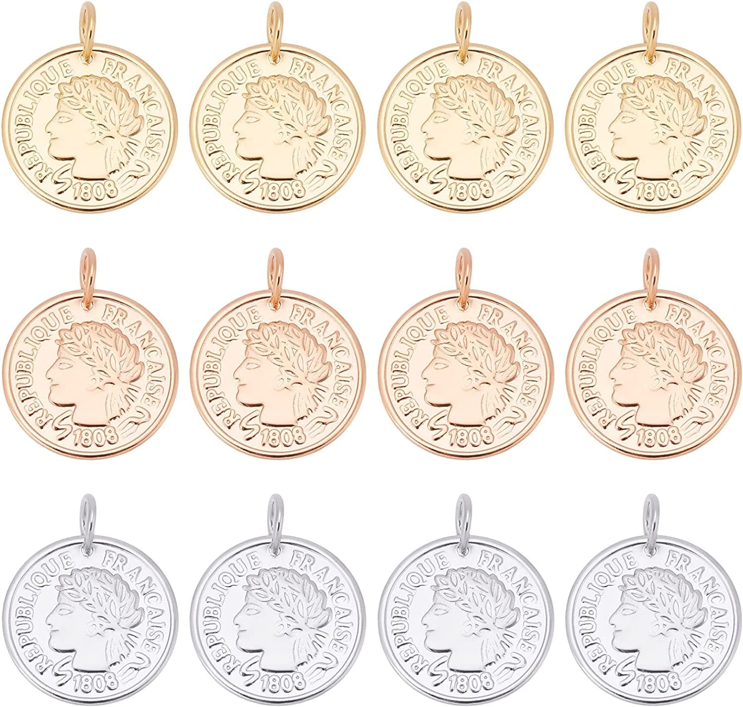 12Pcs 3 Colors Stainless Steel Flat round Coin Pendants Golden Republique Francaise 1808 Charms Large Hole Pendants for Necklace Bracelet Jewelry Making 3 Colors-goddess Statue-12pcs