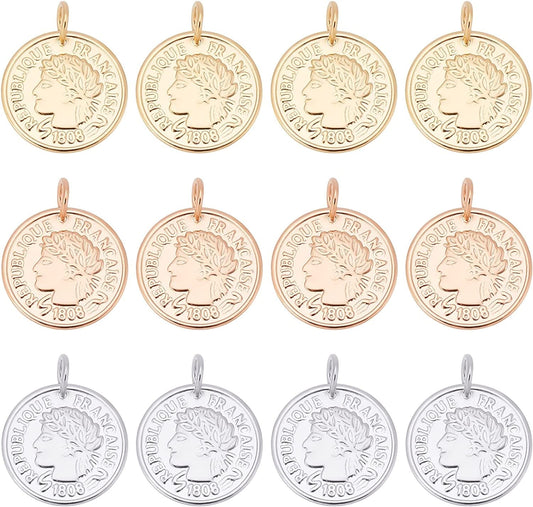 12Pcs 3 Colors Stainless Steel Flat round Coin Pendants Golden Republique Francaise 1808 Charms Large Hole Pendants for Necklace Bracelet Jewelry Making 3 Colors-goddess Statue-12pcs