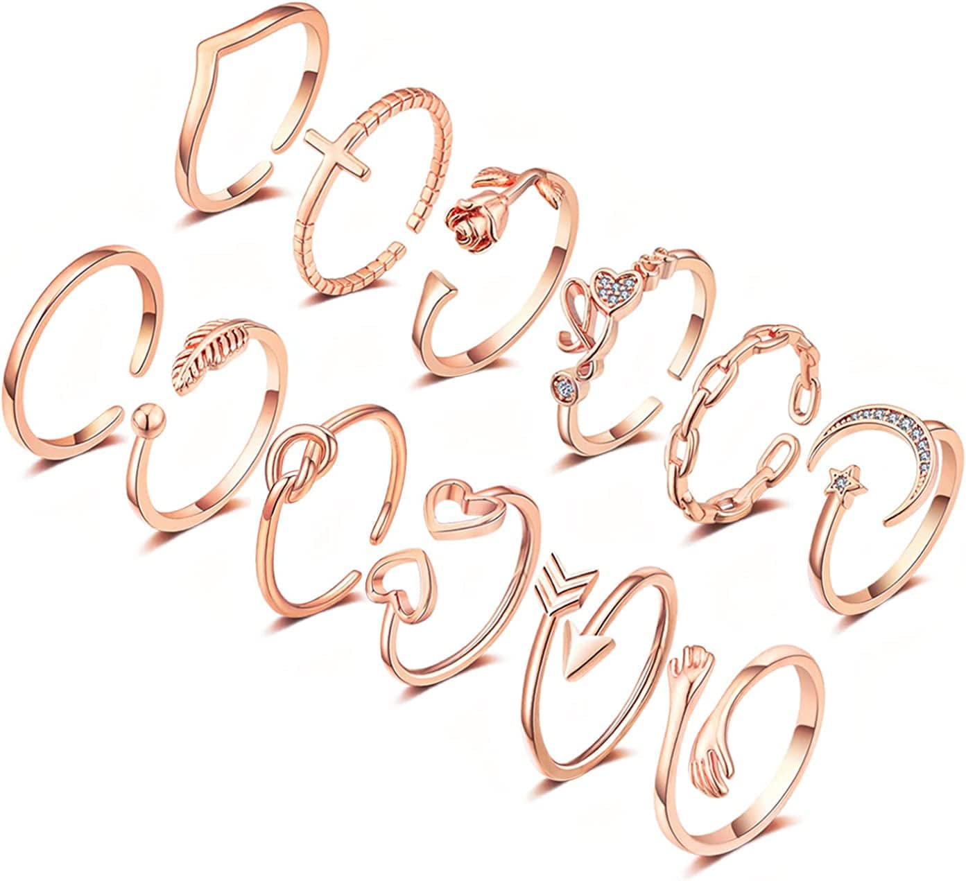 12PCS Adjustable Knuckle Rings for Women 14K Gold Plated Silver Simple Stacking Rings Pack Open Knot Star Moon Butterfly Dainty Thumb Ring Set for Teen Girls 2-Rose gold color