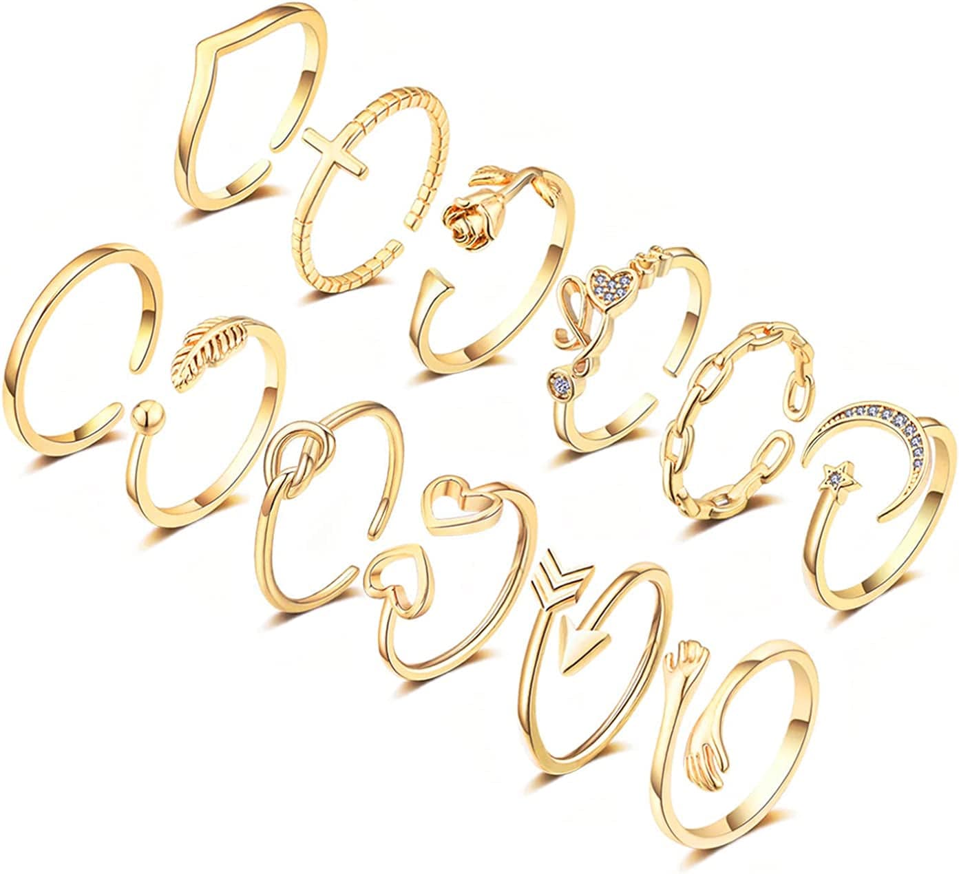 12PCS Adjustable Knuckle Rings for Women 14K Gold Plated Silver Simple Stacking Rings Pack Open Knot Star Moon Butterfly Dainty Thumb Ring Set for Teen Girls 3-Gold color