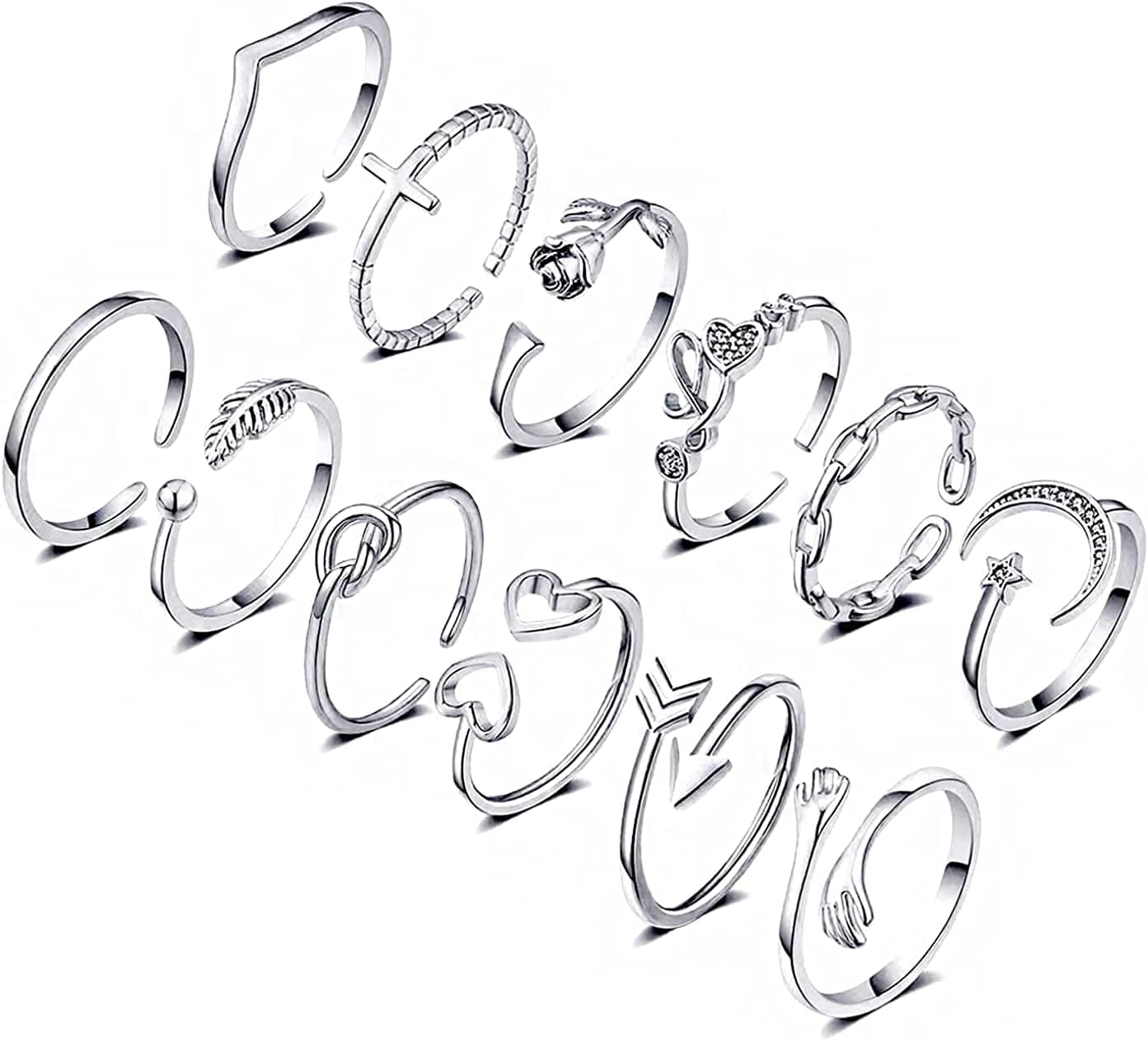 12PCS Adjustable Knuckle Rings for Women 14K Gold Plated Silver Simple Stacking Rings Pack Open Knot Star Moon Butterfly Dainty Thumb Ring Set for Teen Girls 1-Silver color