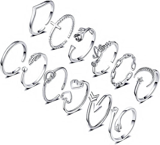 12PCS Adjustable Knuckle Rings for Women 14K Gold Plated Silver Simple Stacking Rings Pack Open Knot Star Moon Butterfly Dainty Thumb Ring Set for Teen Girls 1-Silver color