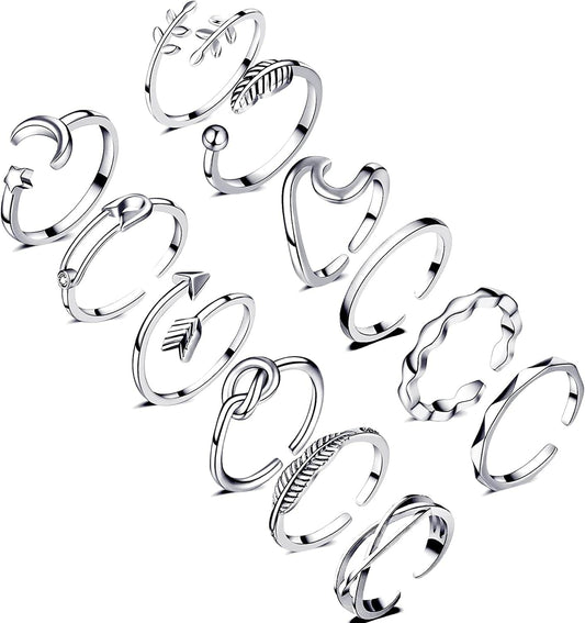 12PCS Adjustable Knuckle Rings for Women, 14K Simple Gold Stacking Rings Pack, Open Knot Wave Star Moon Dainty Thumb Ring, Cute Silver Rings Set for Teen Girls 12PCS Silver A