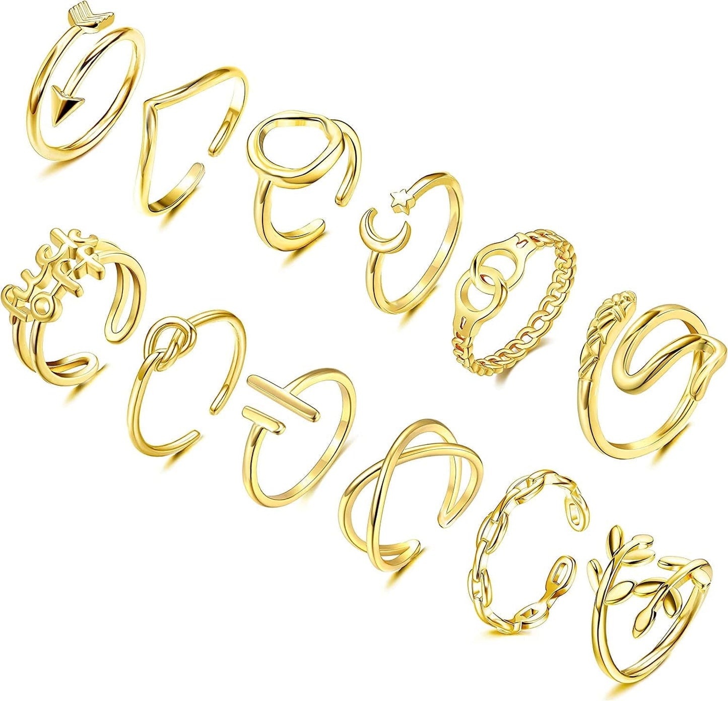12PCS Adjustable Stackable Thumb Open Rings Set for Women 14K Gold Plated Knuckle Stacking Rings Set Boho Vintage Finger Rings Gold