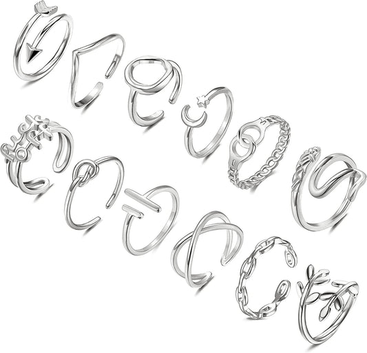 12PCS Adjustable Stackable Thumb Open Rings Set for Women 14K Gold Plated Knuckle Stacking Rings Set Boho Vintage Finger Rings Silver