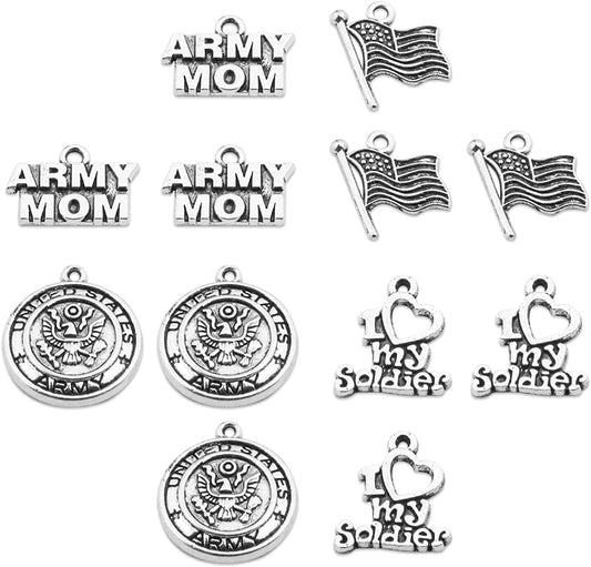 12Pcs Army Mom Charms Collection US Military Charms Pendant Army Logo/Army MOM/I Love My Soldier/American Flag Charms for Jewelry DIY Making ARMY Mom Charms1