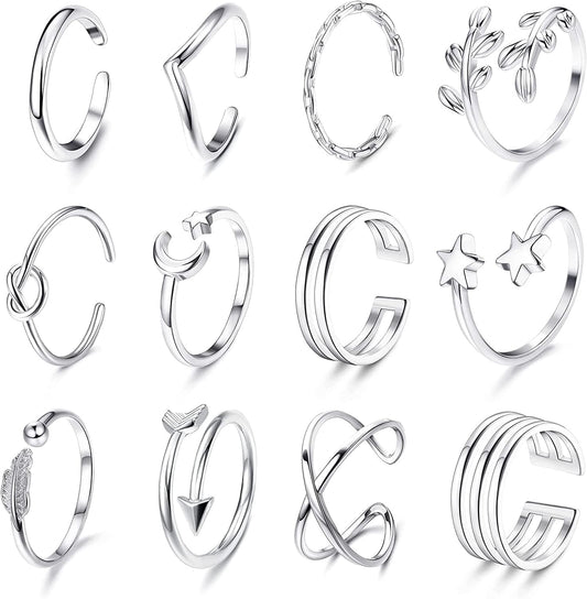 12Pcs Arrow Knot Wave Rings for Women Open Rings Set Adjustable Stackable Thumb Open Rings Set Silver Tone
