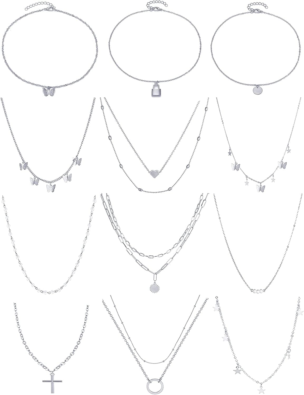 12Pcs Chain Gold Bead Necklace Coin Moon Star Pearl Pendant Chain Choker Multilayer Necklace Leather Cord Set for Women Men Adjustable Gold Tone F:12Pcs(Silver)