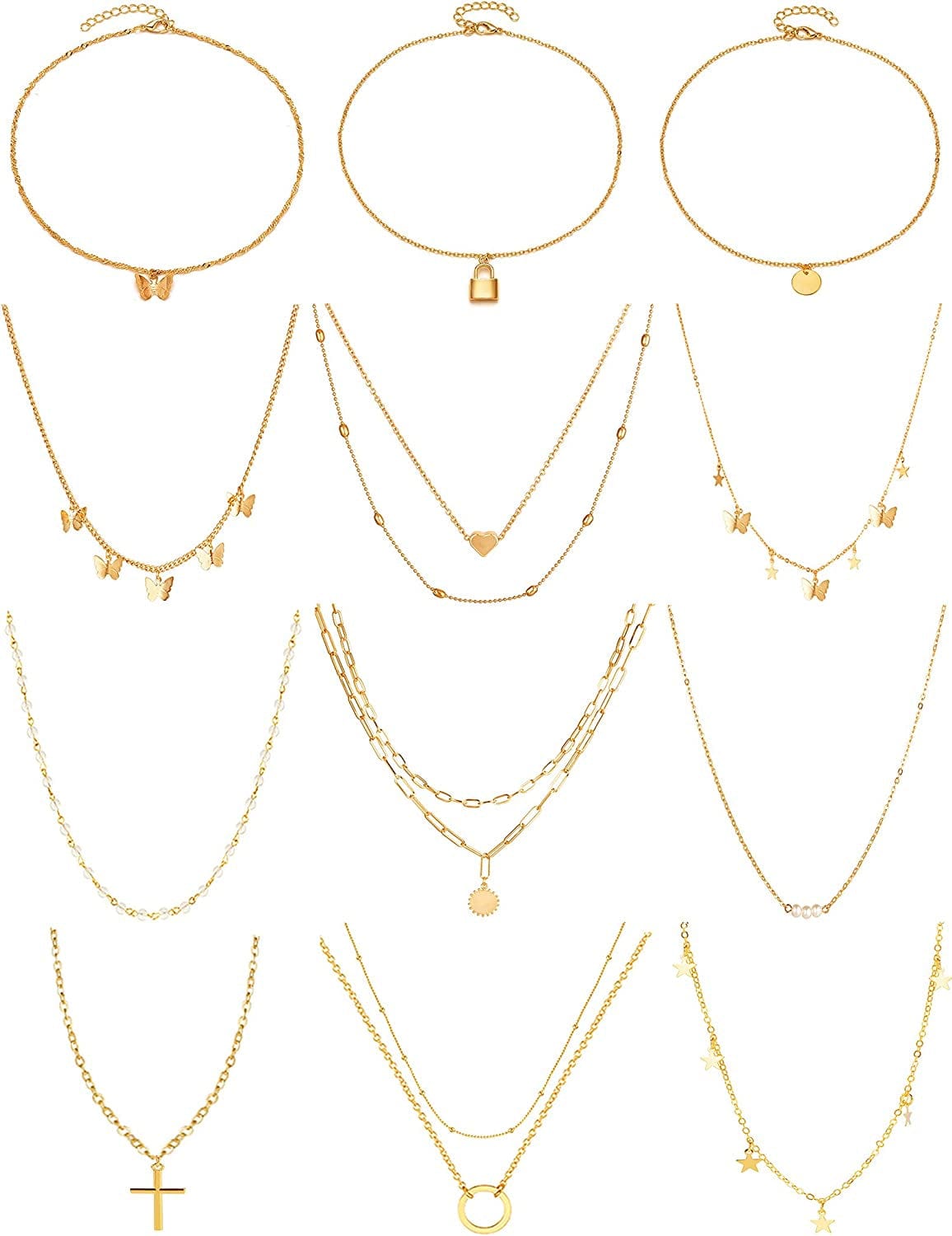 12Pcs Chain Gold Bead Necklace Coin Moon Star Pearl Pendant Chain Choker Multilayer Necklace Leather Cord Set for Women Men Adjustable Gold Tone E:12Pcs(Gold)