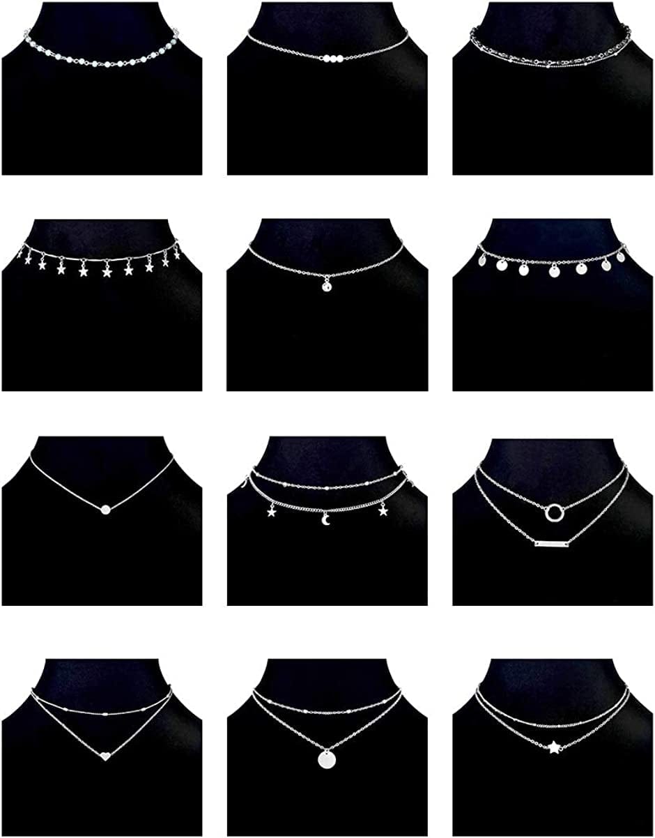 12Pcs Chain Gold Bead Necklace Coin Moon Star Pearl Pendant Chain Choker Multilayer Necklace Leather Cord Set for Women Men Adjustable Gold Tone B:12Pcs(Silver K)