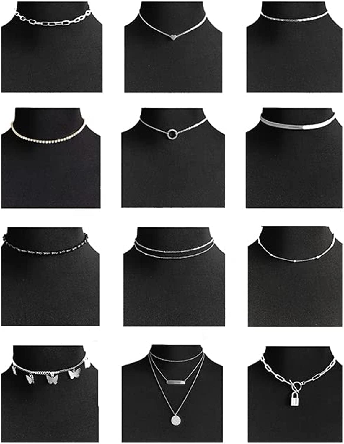 12Pcs Chain Gold Bead Necklace Coin Moon Star Pearl Pendant Chain Choker Multilayer Necklace Leather Cord Set for Women Men Adjustable Gold Tone H:12Pcs(Silver KK)