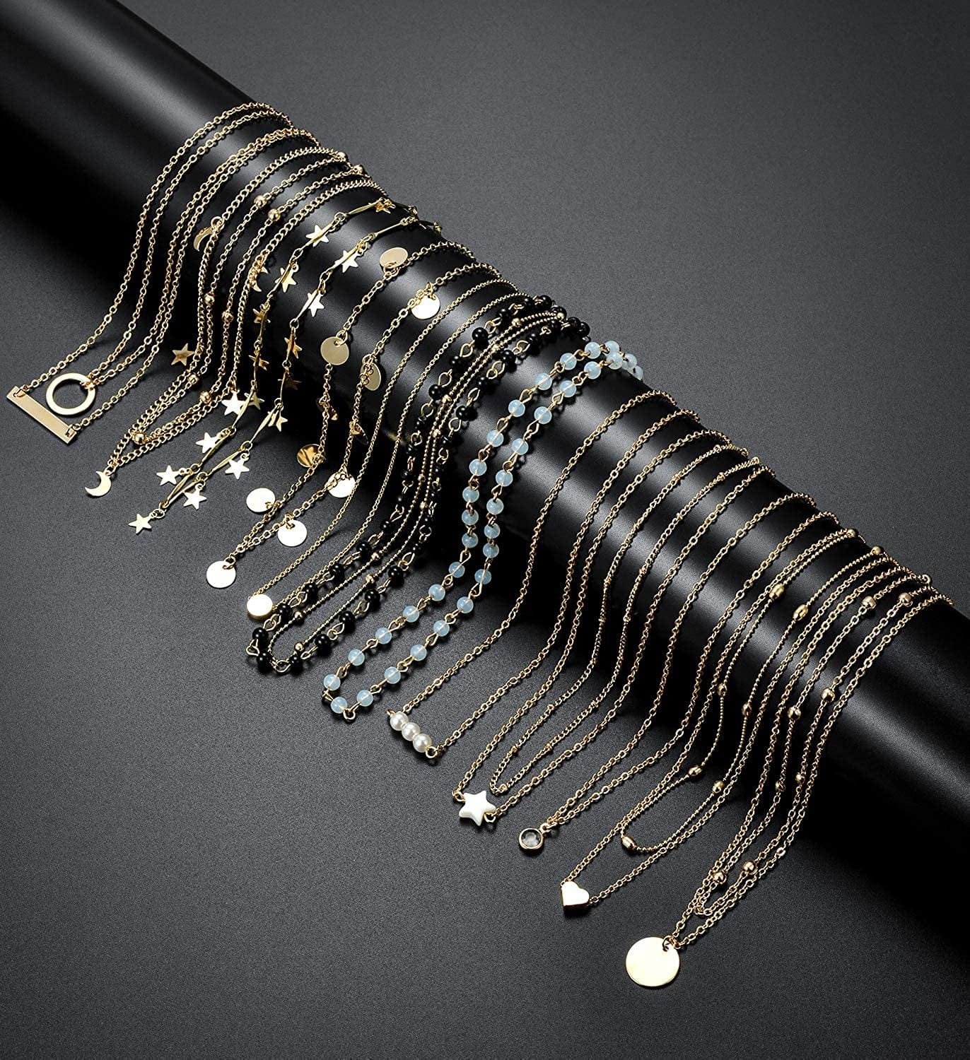 12Pcs Chain Gold Bead Necklace Coin Moon Star Pearl Pendant Chain Choker Multilayer Necklace Leather Cord Set for Women Men Adjustable Gold Tone