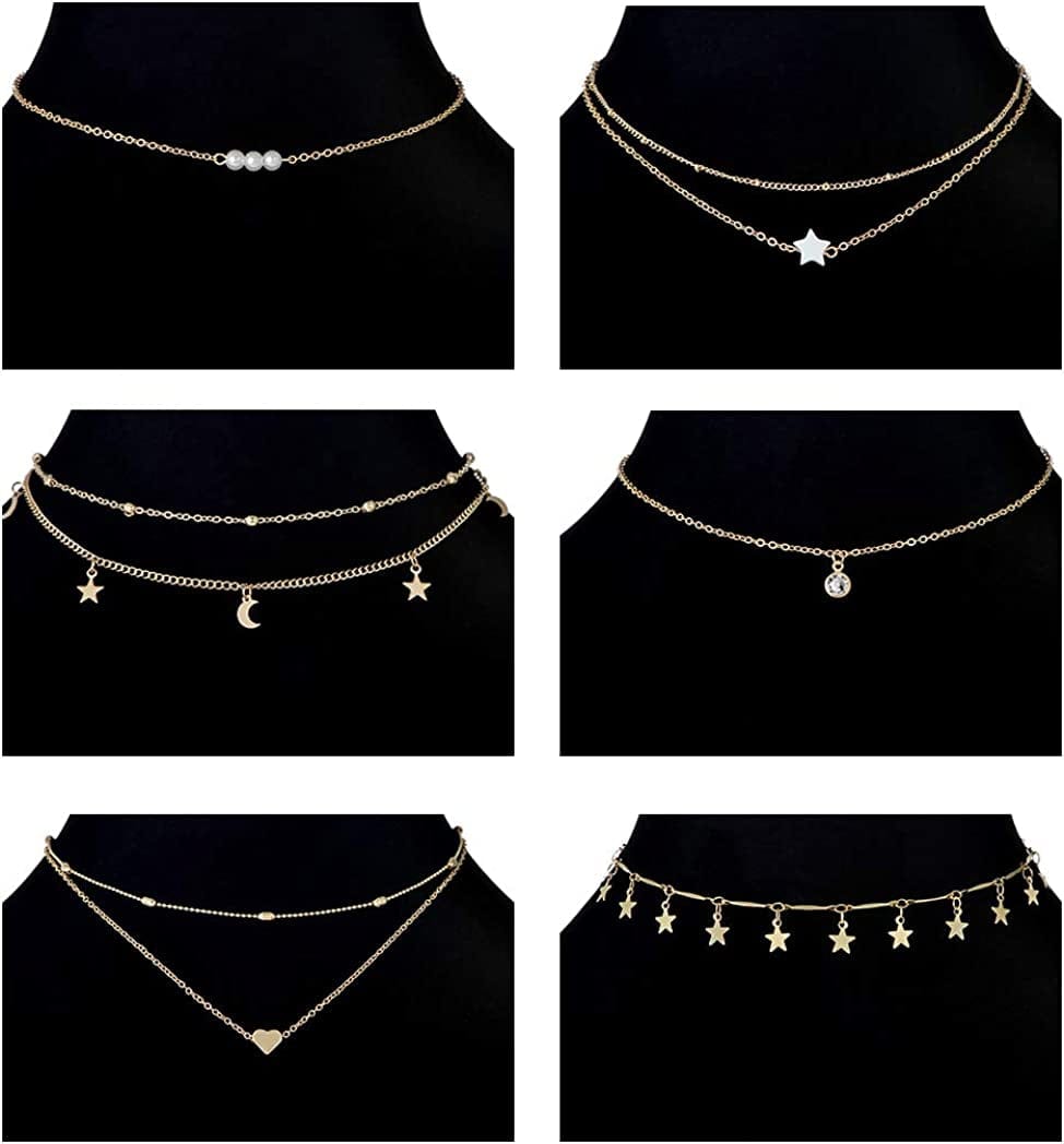 12Pcs Chain Gold Bead Necklace Coin Moon Star Pearl Pendant Chain Choker Multilayer Necklace Leather Cord Set for Women Men Adjustable Gold Tone
