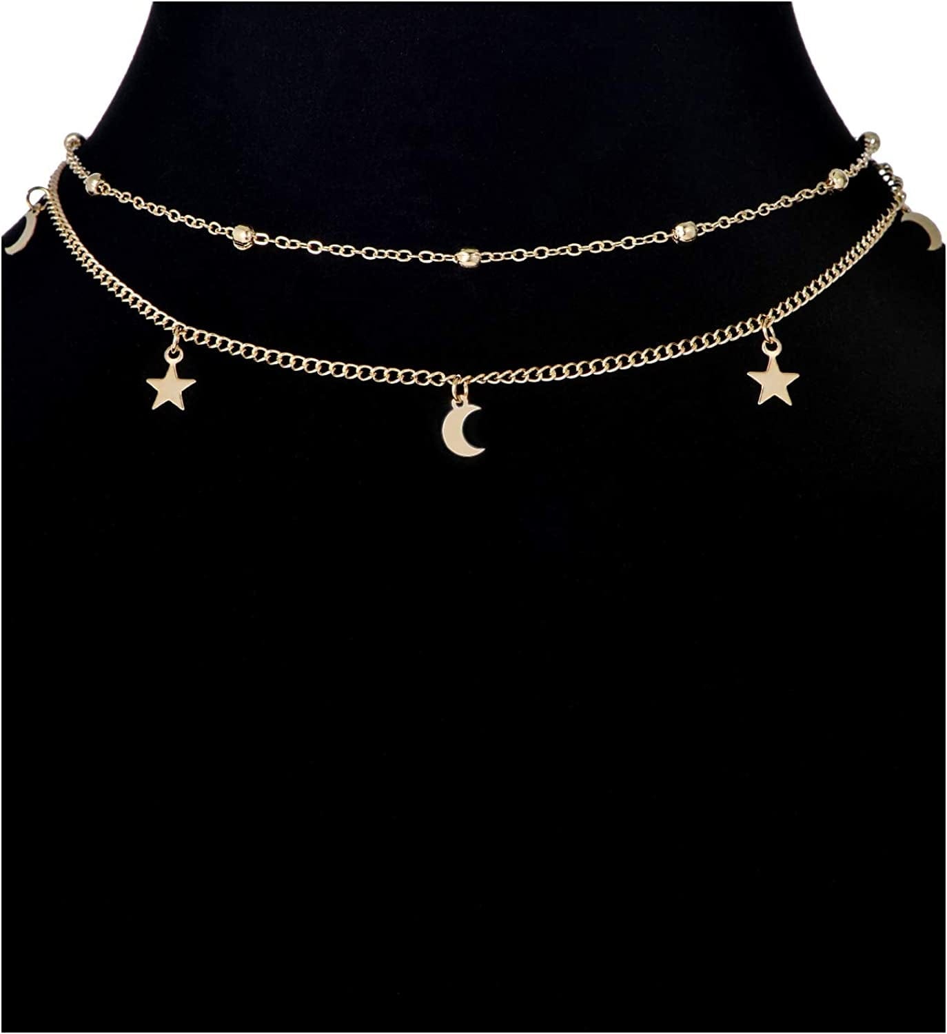 12Pcs Chain Gold Bead Necklace Coin Moon Star Pearl Pendant Chain Choker Multilayer Necklace Leather Cord Set for Women Men Adjustable Gold Tone