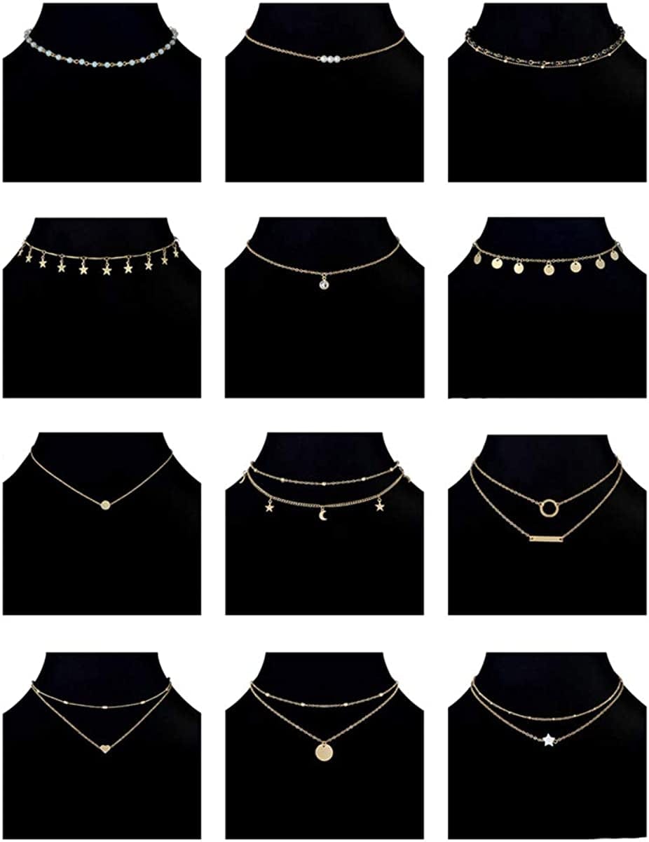 12Pcs Chain Gold Bead Necklace Coin Moon Star Pearl Pendant Chain Choker Multilayer Necklace Leather Cord Set for Women Men Adjustable Gold Tone A:12Pcs(Gold K)