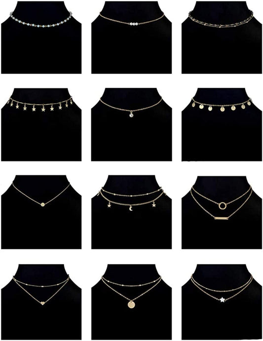 12Pcs Chain Gold Bead Necklace Coin Moon Star Pearl Pendant Chain Choker Multilayer Necklace Leather Cord Set for Women Men Adjustable Gold Tone A:12Pcs(Gold K)