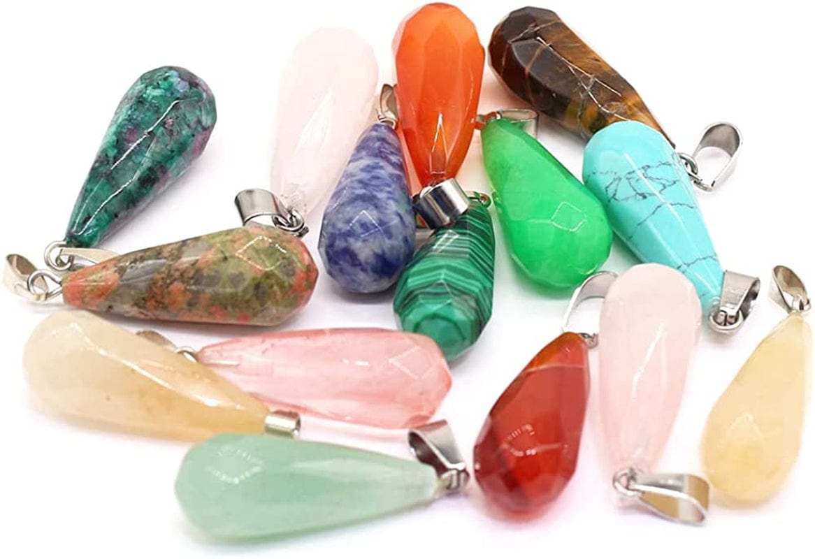 12Pcs Natural Stone Pendant Rose Quartz Unakite Charms for DIY Accessories Jewelry Making Necklaces Bracelets Mixed Colors-10x28mm