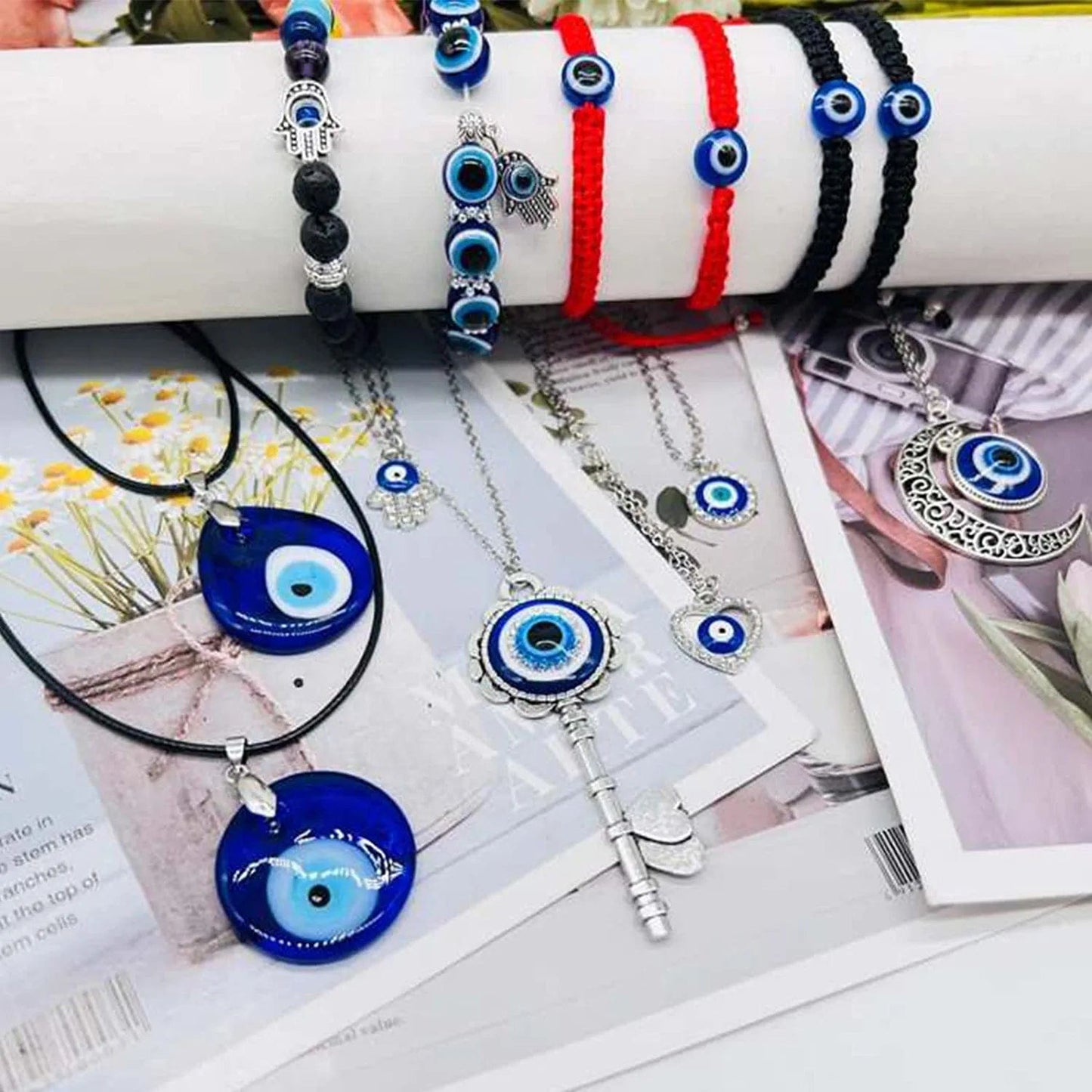 13 Pieces Evil Eye Necklace Pendant Bracelets Set for Women Men Turkish Lucky Blue Eyes Amulet Leather Rope Evil Eyes Bracelets Jewelry Set A: 13pcs