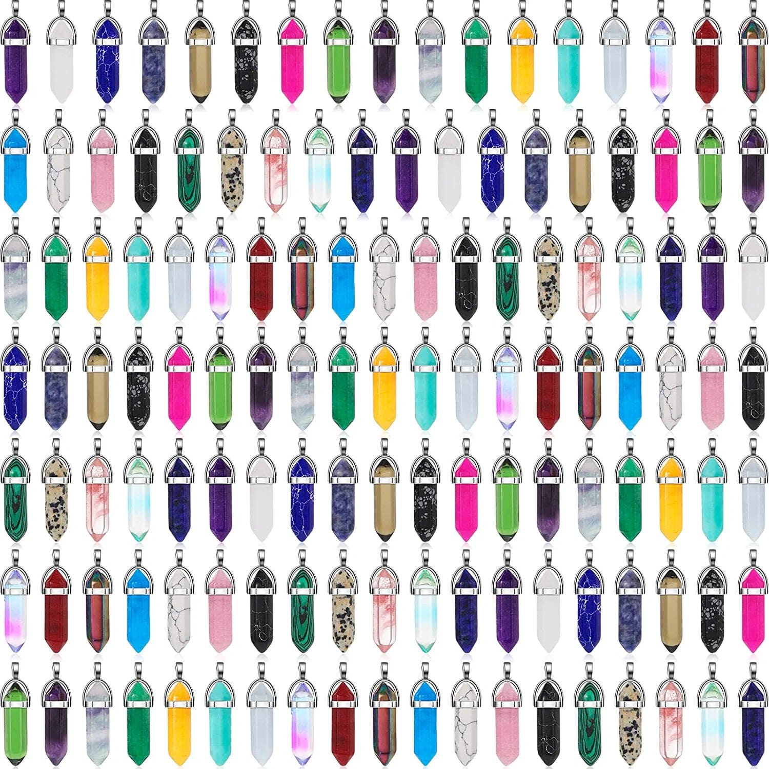 130 Pcs Crystal Pendants Bulk Hexagonal Natural Gemstone Pendants Necklace Chakra Quartz Bullet Shape Charm Bag for Jewelry Making Christmas Gift Vibrant Color