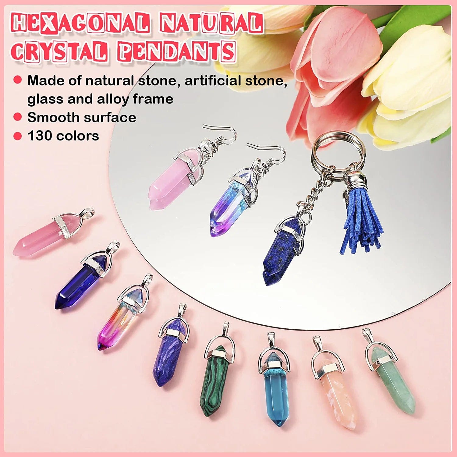 130 Pcs Crystal Pendants Bulk Hexagonal Natural Gemstone Pendants Necklace Chakra Quartz Bullet Shape Charm Bag for Jewelry Making Christmas Gift