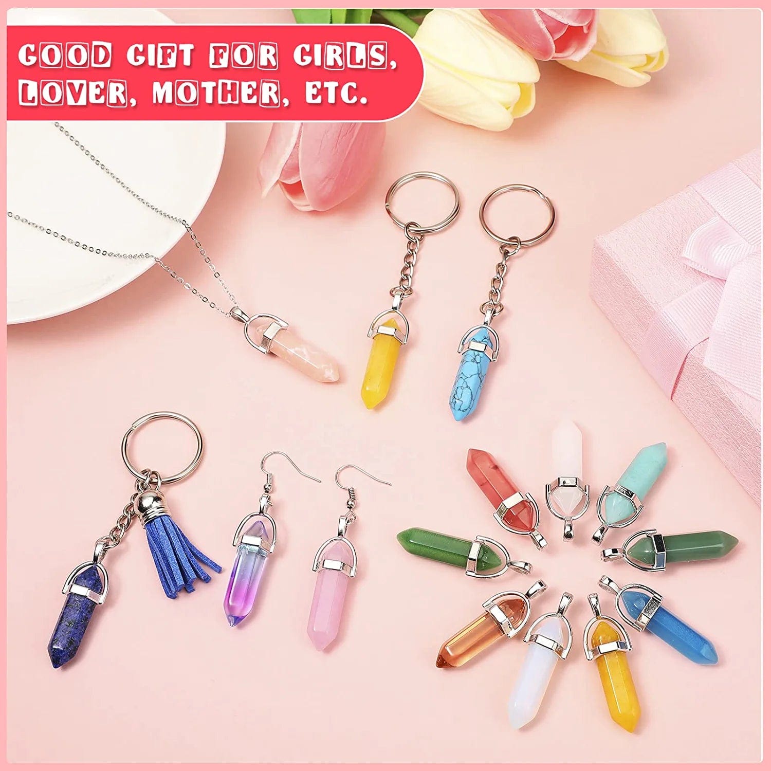 130 Pcs Crystal Pendants Bulk Hexagonal Natural Gemstone Pendants Necklace Chakra Quartz Bullet Shape Charm Bag for Jewelry Making Christmas Gift