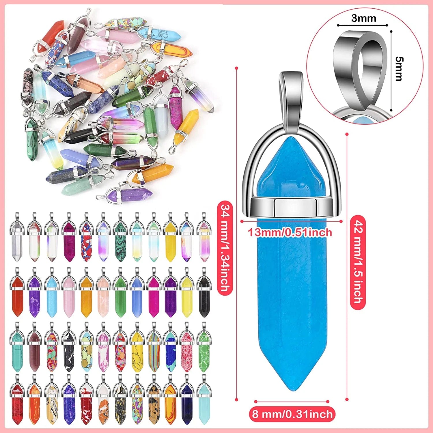 130 Pcs Crystal Pendants Bulk Hexagonal Natural Gemstone Pendants Necklace Chakra Quartz Bullet Shape Charm Bag for Jewelry Making Christmas Gift