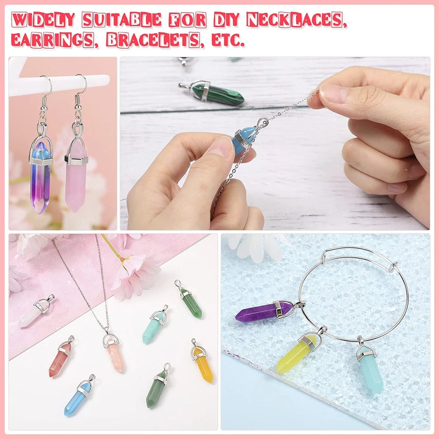 130 Pcs Crystal Pendants Bulk Hexagonal Natural Gemstone Pendants Necklace Chakra Quartz Bullet Shape Charm Bag for Jewelry Making Christmas Gift