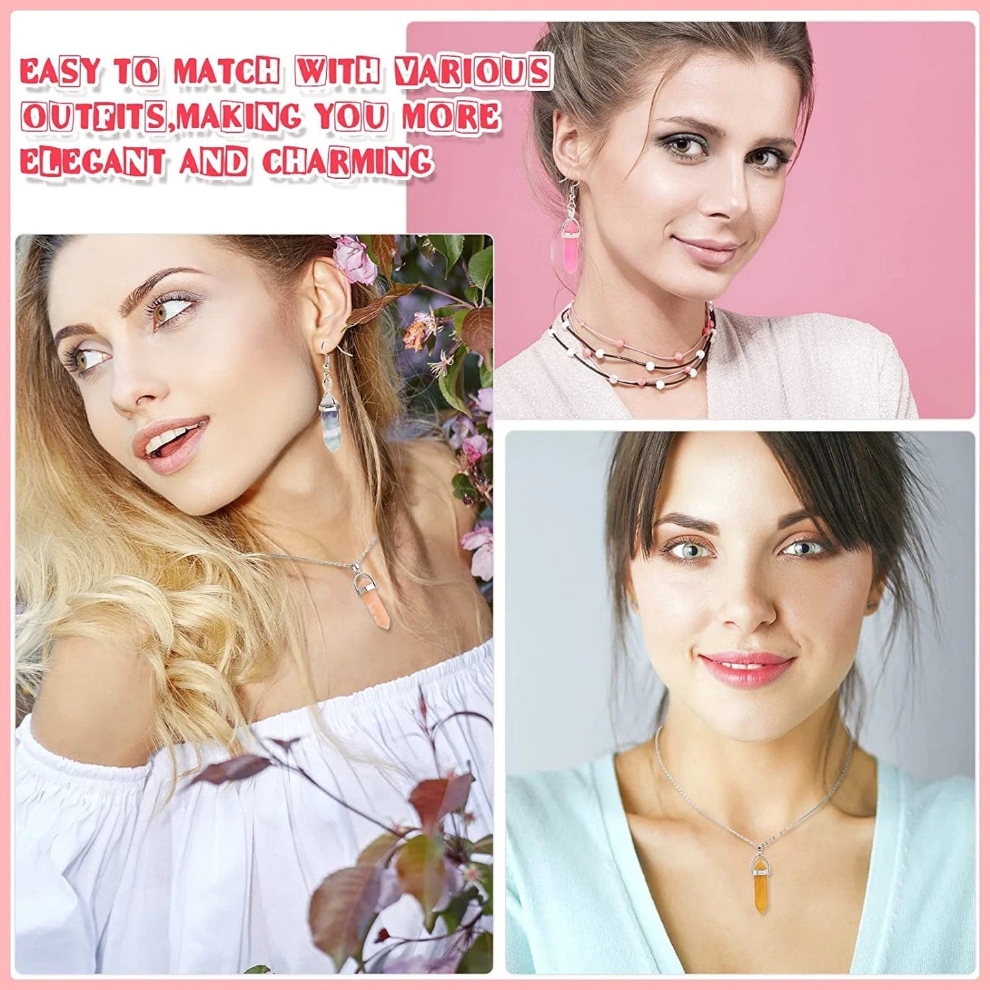 130 Pcs Crystal Pendants Bulk Hexagonal Natural Gemstone Pendants Necklace Chakra Quartz Bullet Shape Charm Bag for Jewelry Making Christmas Gift