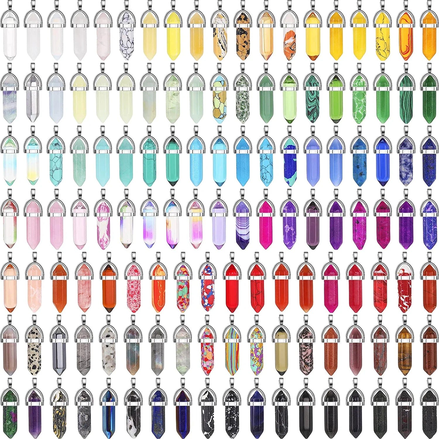 130 Pcs Crystal Pendants Bulk Hexagonal Natural Gemstone Pendants Necklace Chakra Quartz Bullet Shape Charm Bag for Jewelry Making Christmas Gift Vivid Color