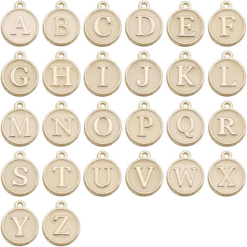 130 Pieces Mixed 5 Color Letter Beads Enamel Metal Letter Charms Double Sided Initial Pendant A-Z Alphabet Charm for Necklace Bracelet Jewelry Making HM504 Champagne